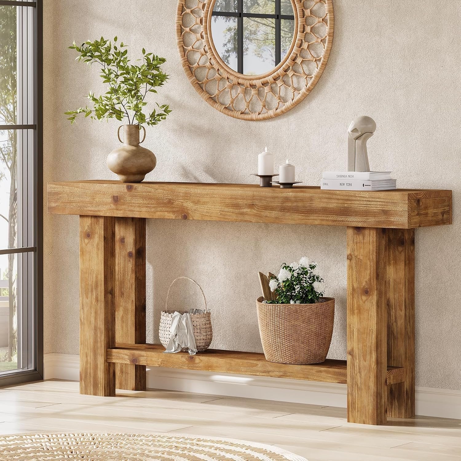 Consola de madera maciza, 160 cm de ancho, Consola de 2 niveles para aparador, sala de estar, estilo rústico