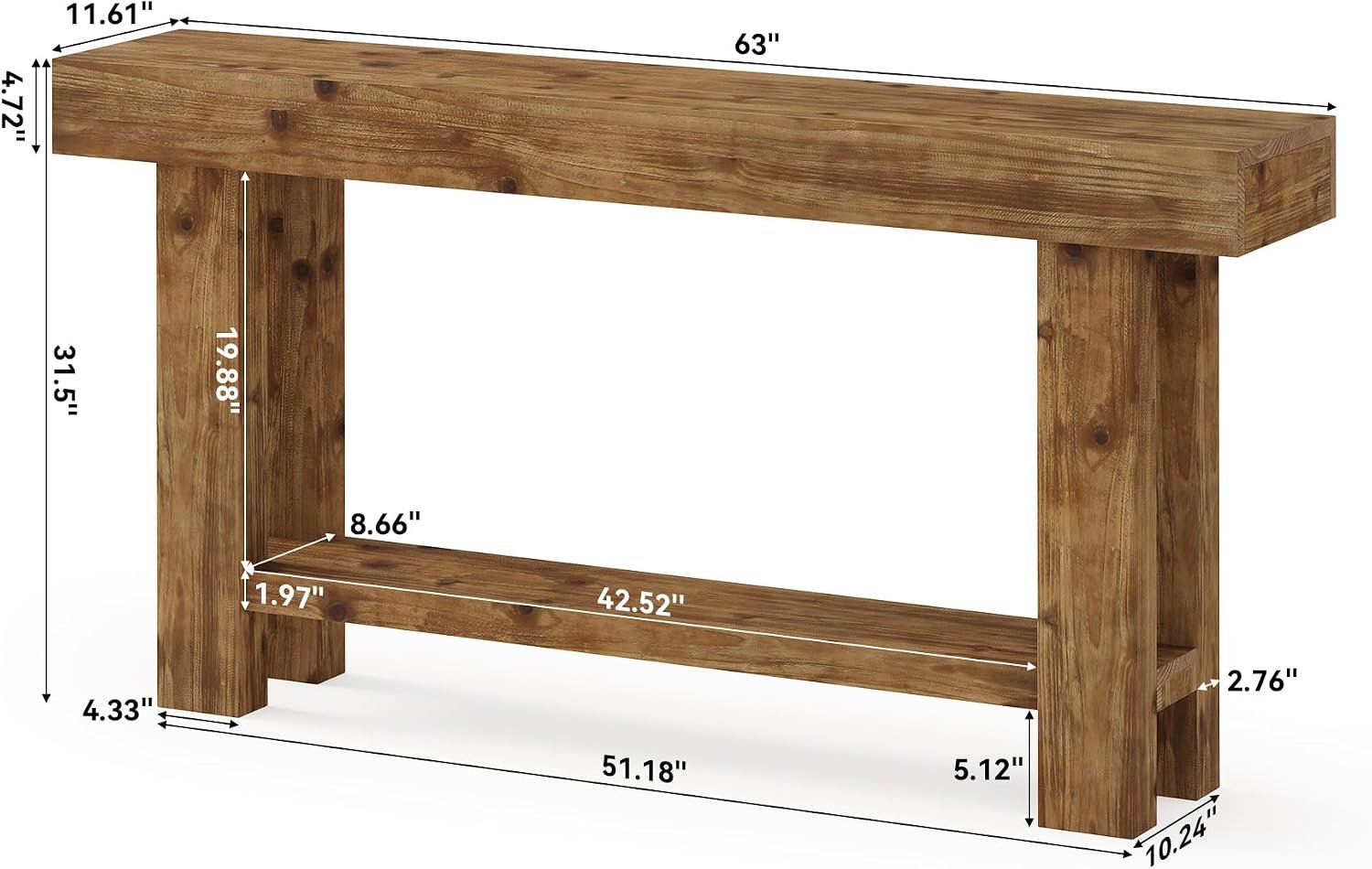Consola de madera maciza, 160 cm de ancho, Consola de 2 niveles para aparador, sala de estar, estilo rústico