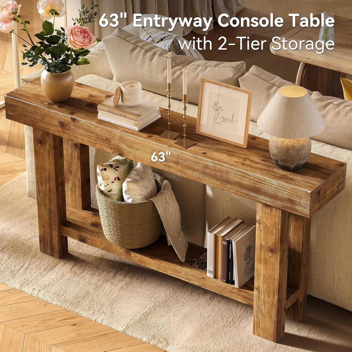 Consola de madera maciza, 160 cm de ancho, Consola de 2 niveles para aparador, sala de estar, estilo rústico