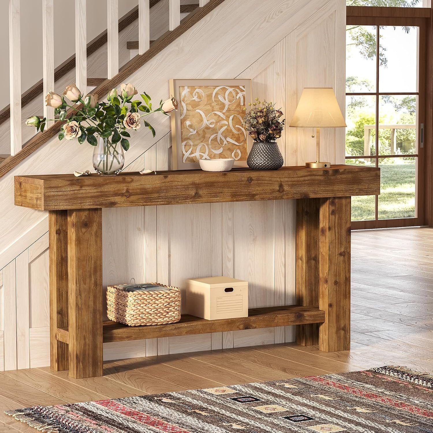 Consola de madera maciza, 160 cm de ancho, Consola de 2 niveles para aparador, sala de estar, estilo rústico