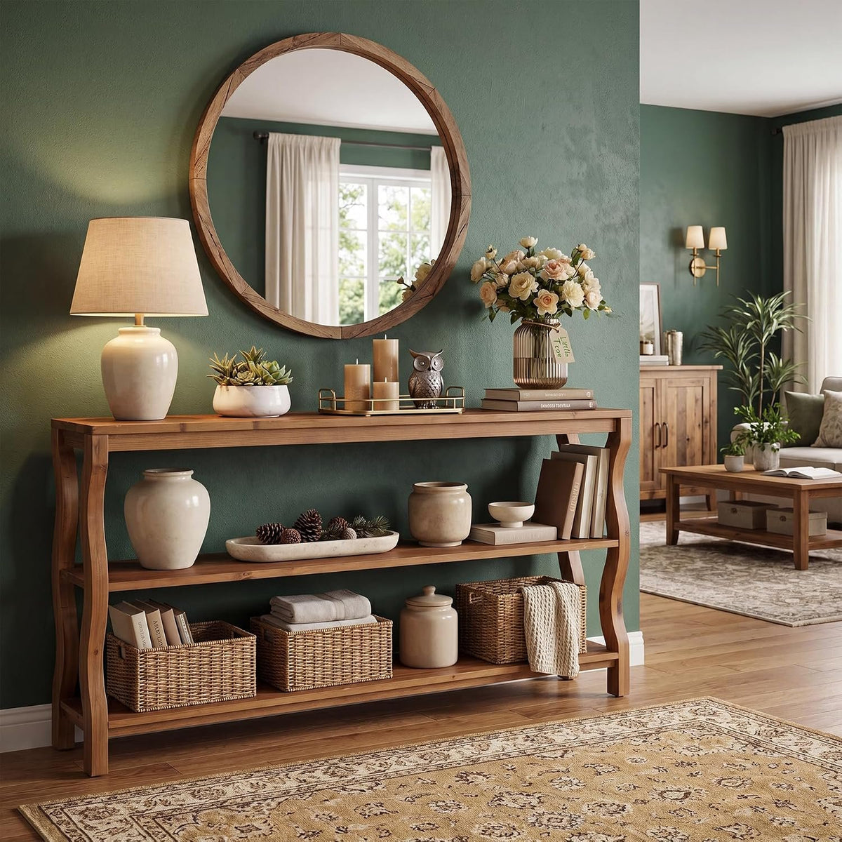 Consola de madera maciza de 3 niveles con estantes abiertos, Mesa de entrada de 160 cm Mesa de sofá o mesa auxiliar para recibidor, salón o detrás del sofá