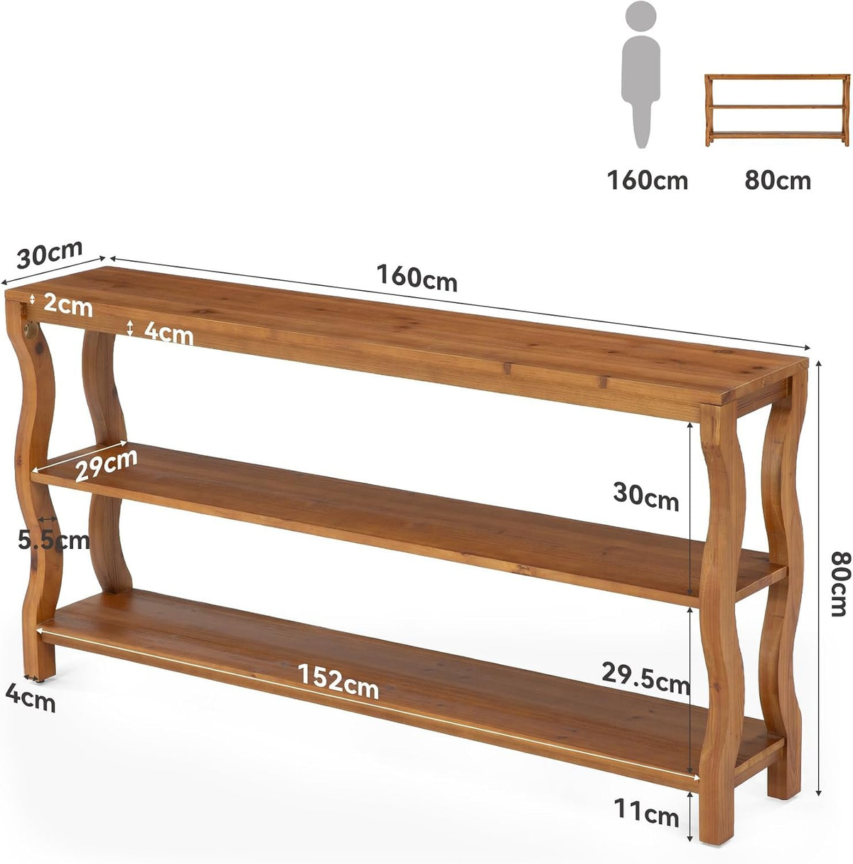 Consola de madera maciza de 3 niveles con estantes abiertos, Mesa de entrada de 160 cm Mesa de sofá o mesa auxiliar para recibidor, salón o detrás del sofá