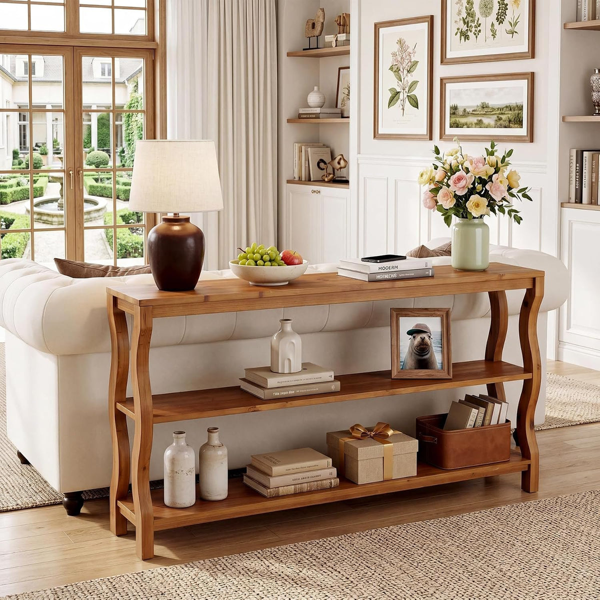 Consola de madera maciza de 3 niveles con estantes abiertos, Mesa de entrada de 160 cm Mesa de sofá o mesa auxiliar para recibidor, salón o detrás del sofá