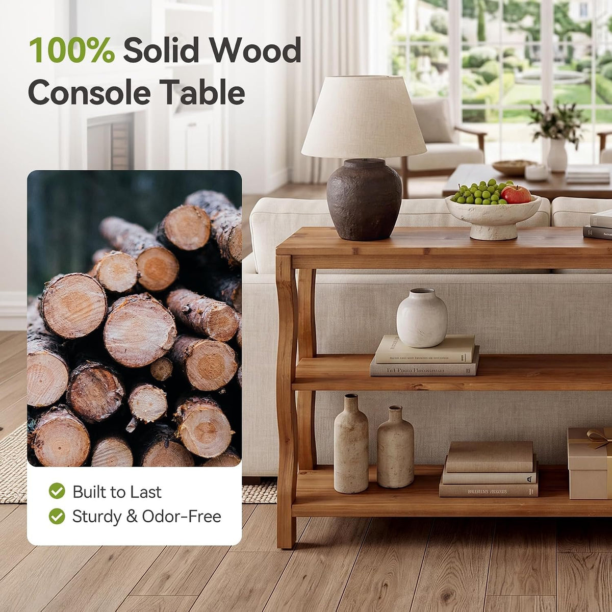 Consola de madera maciza de 3 niveles con estantes abiertos, Mesa de entrada de 160 cm Mesa de sofá o mesa auxiliar para recibidor, salón o detrás del sofá
