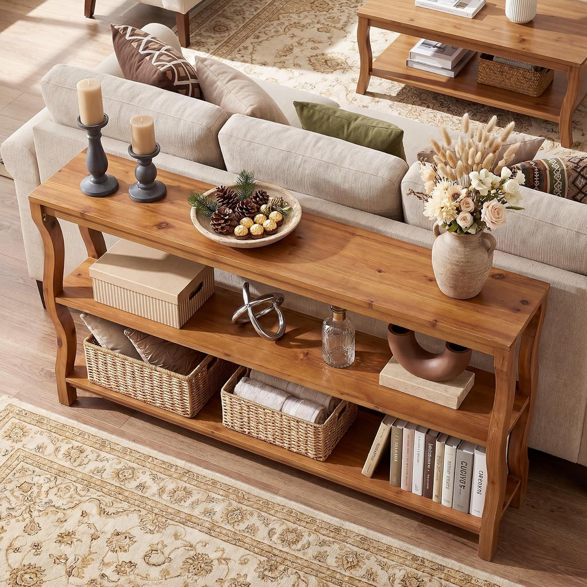 Consola de madera maciza de 3 niveles con estantes abiertos, Mesa de entrada de 160 cm Mesa de sofá o mesa auxiliar para recibidor, salón o detrás del sofá