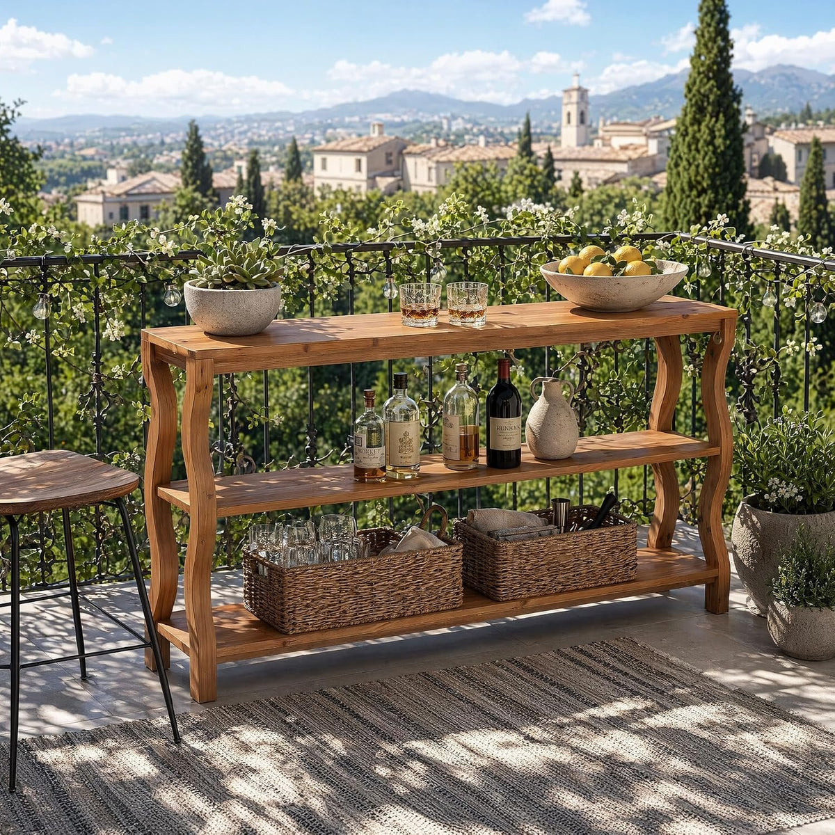 Consola de madera maciza de 3 niveles con estantes abiertos, Mesa de entrada de 160 cm Mesa de sofá o mesa auxiliar para recibidor, salón o detrás del sofá