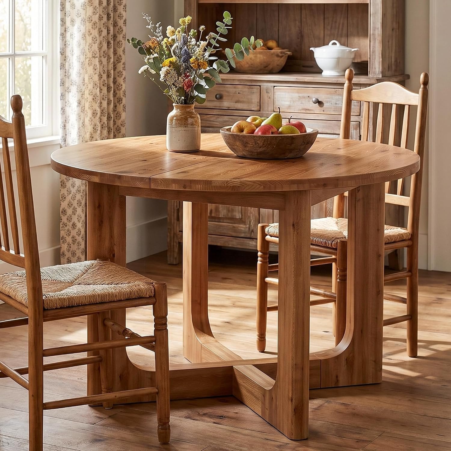 Tribesigns Mesa de comedor redonda de madera maciza100 cm color marrón rústico, patas en forma de X, capacidad para 2-4 personas