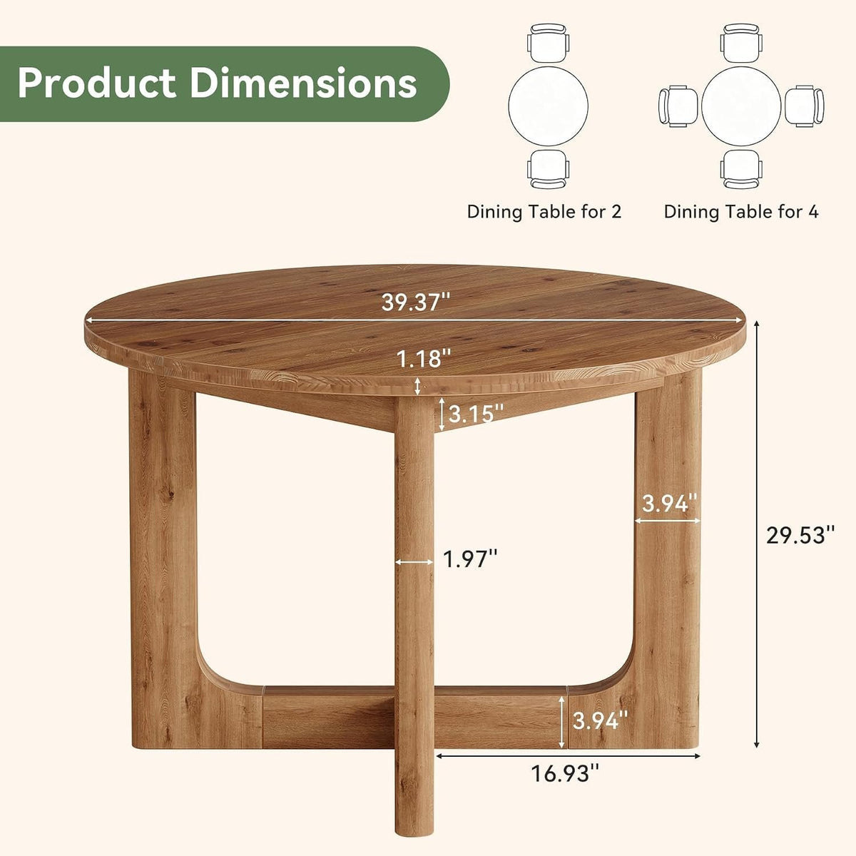 Tribesigns Mesa de comedor redonda de madera maciza100 cm color marrón rústico, patas en forma de X, capacidad para 2-4 personas
