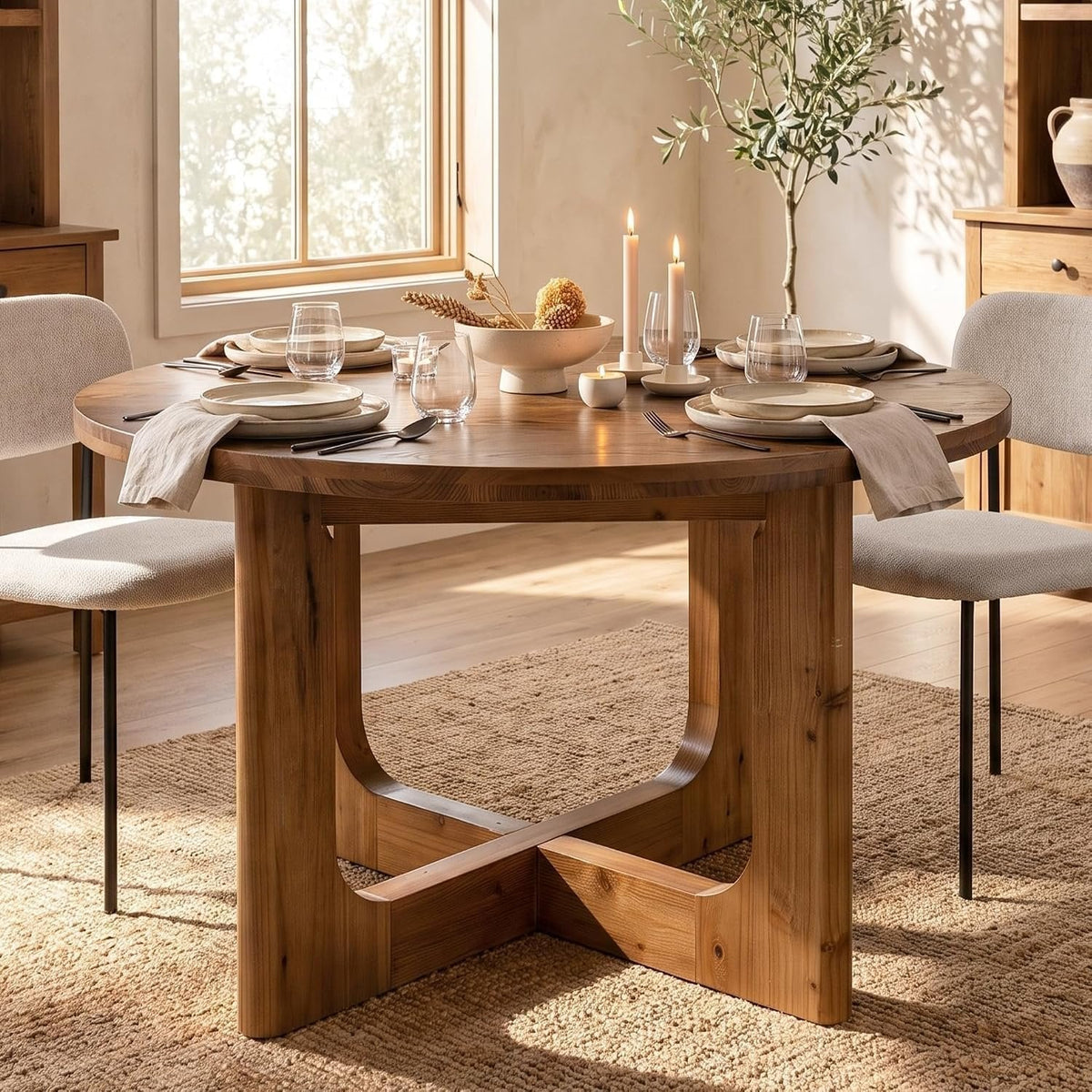 Tribesigns Mesa de comedor redonda de madera maciza100 cm color marrón rústico, patas en forma de X, capacidad para 2-4 personas