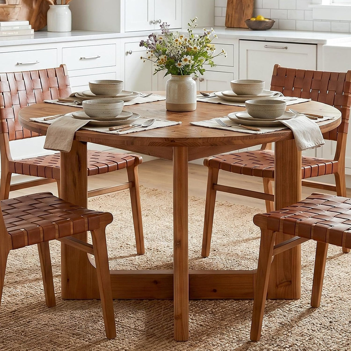 Tribesigns Mesa de comedor redonda de madera maciza100 cm color marrón rústico, patas en forma de X, capacidad para 2-4 personas