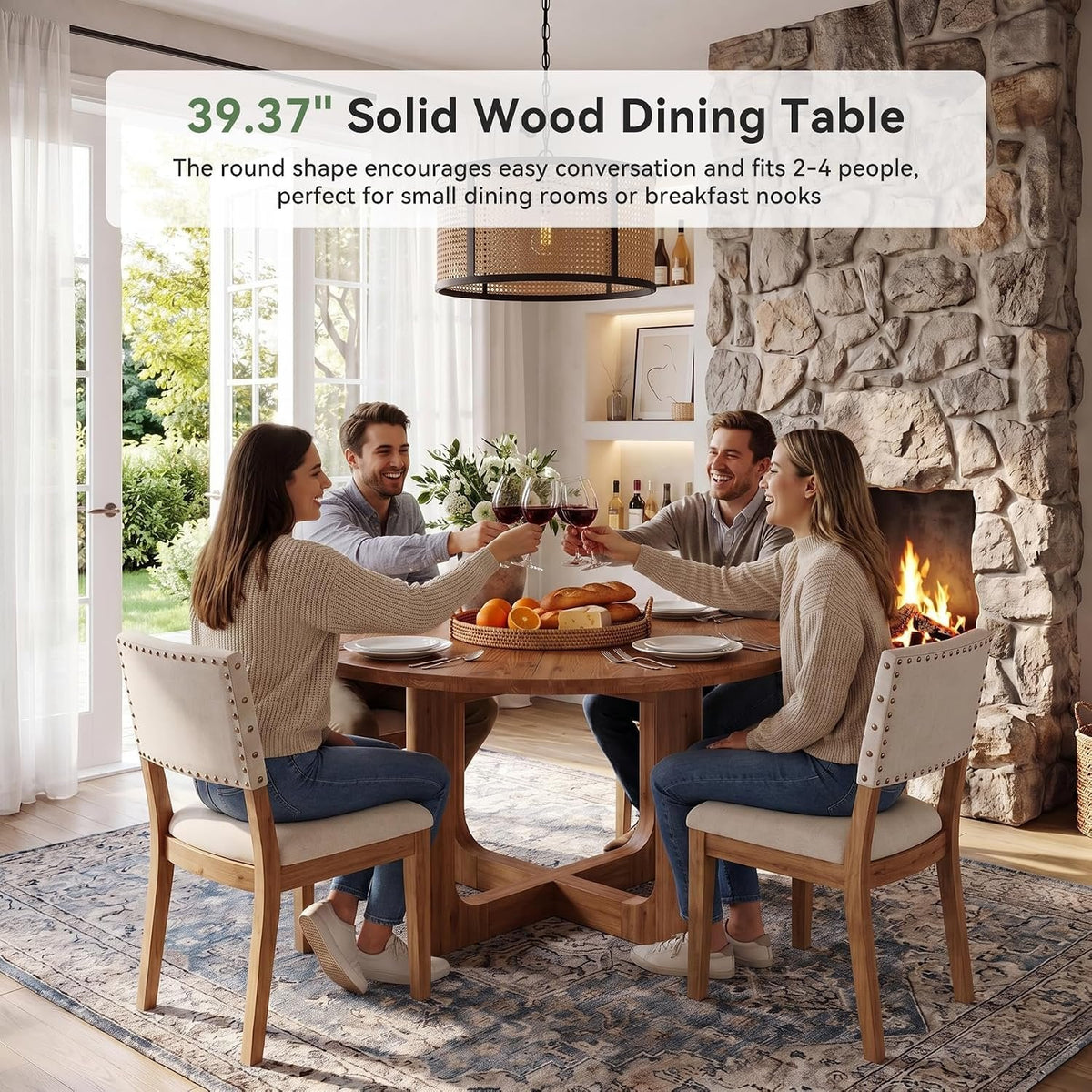 Tribesigns Mesa de comedor redonda de madera maciza100 cm color marrón rústico, patas en forma de X, capacidad para 2-4 personas