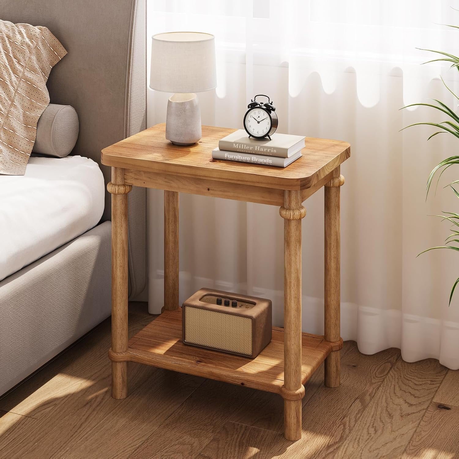 Tribesigns Mesa auxiliar rectangular de dos niveles de madera maciza, Estilo rústico con compartimento de almacenamiento y esquinas redondeadas
