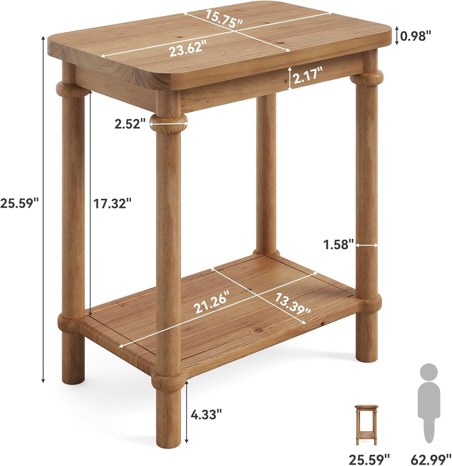 Tribesigns Mesa auxiliar rectangular de dos niveles de madera maciza, Estilo rústico con compartimento de almacenamiento y esquinas redondeadas