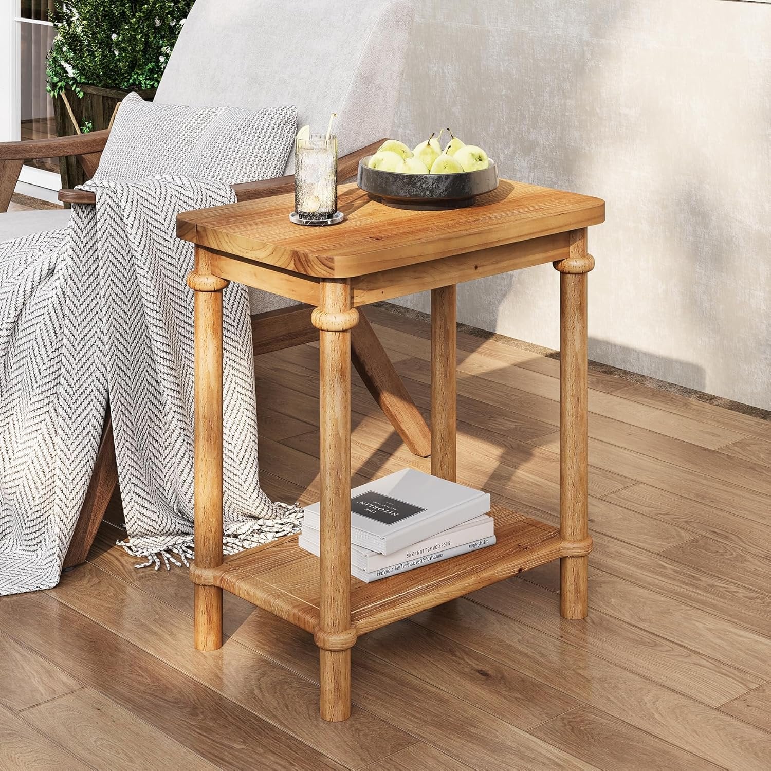 Tribesigns Mesa auxiliar rectangular de dos niveles de madera maciza, Estilo rústico con compartimento de almacenamiento y esquinas redondeadas