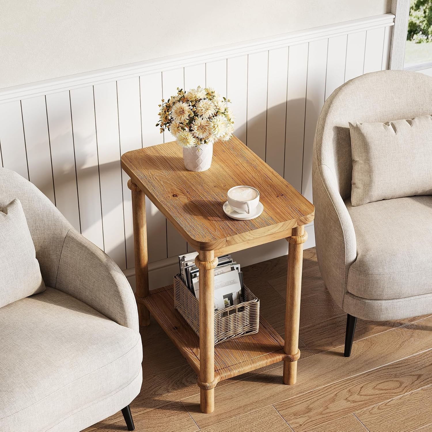 Tribesigns Mesa auxiliar rectangular de dos niveles de madera maciza, Estilo rústico con compartimento de almacenamiento y esquinas redondeadas