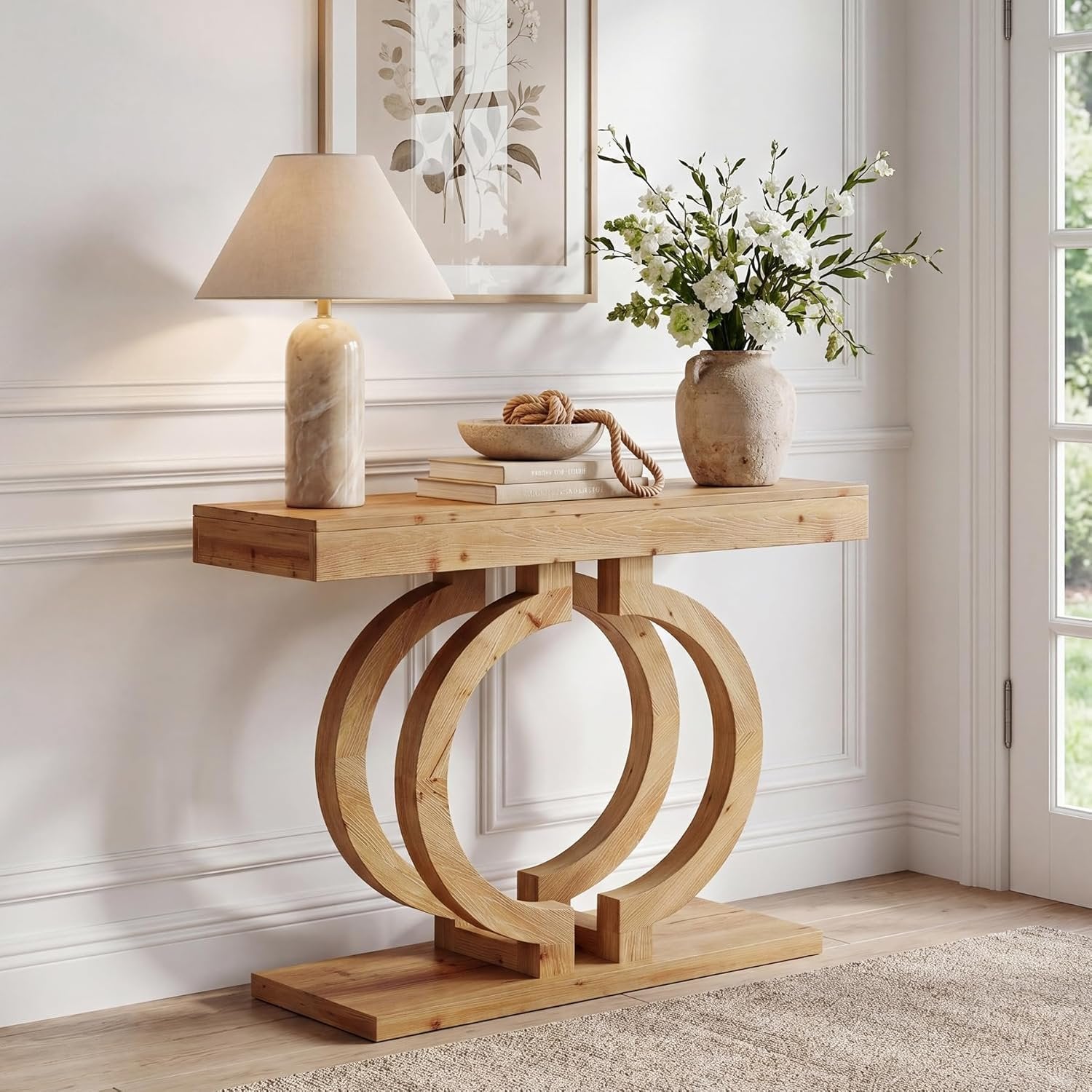 Mesa consola de madera maciza, Mesa de pasillo de 110 cm de largo, hecha de madera natural con una artística base de doble círculo