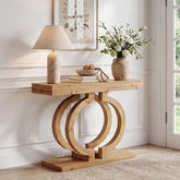 Mesa consola de madera maciza, Mesa de pasillo de 110 cm de largo, hecha de madera natural con una artística base de doble círculo 3
