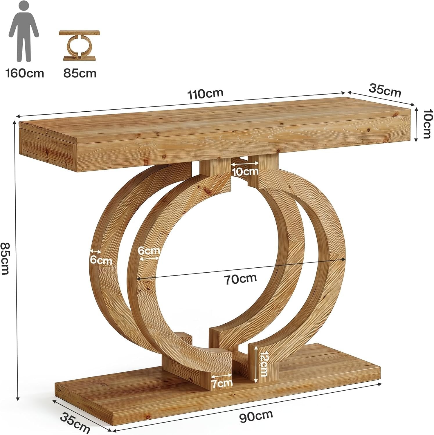 Mesa consola de madera maciza, Mesa de pasillo de 110 cm de largo, hecha de madera natural con una artística base de doble círculo