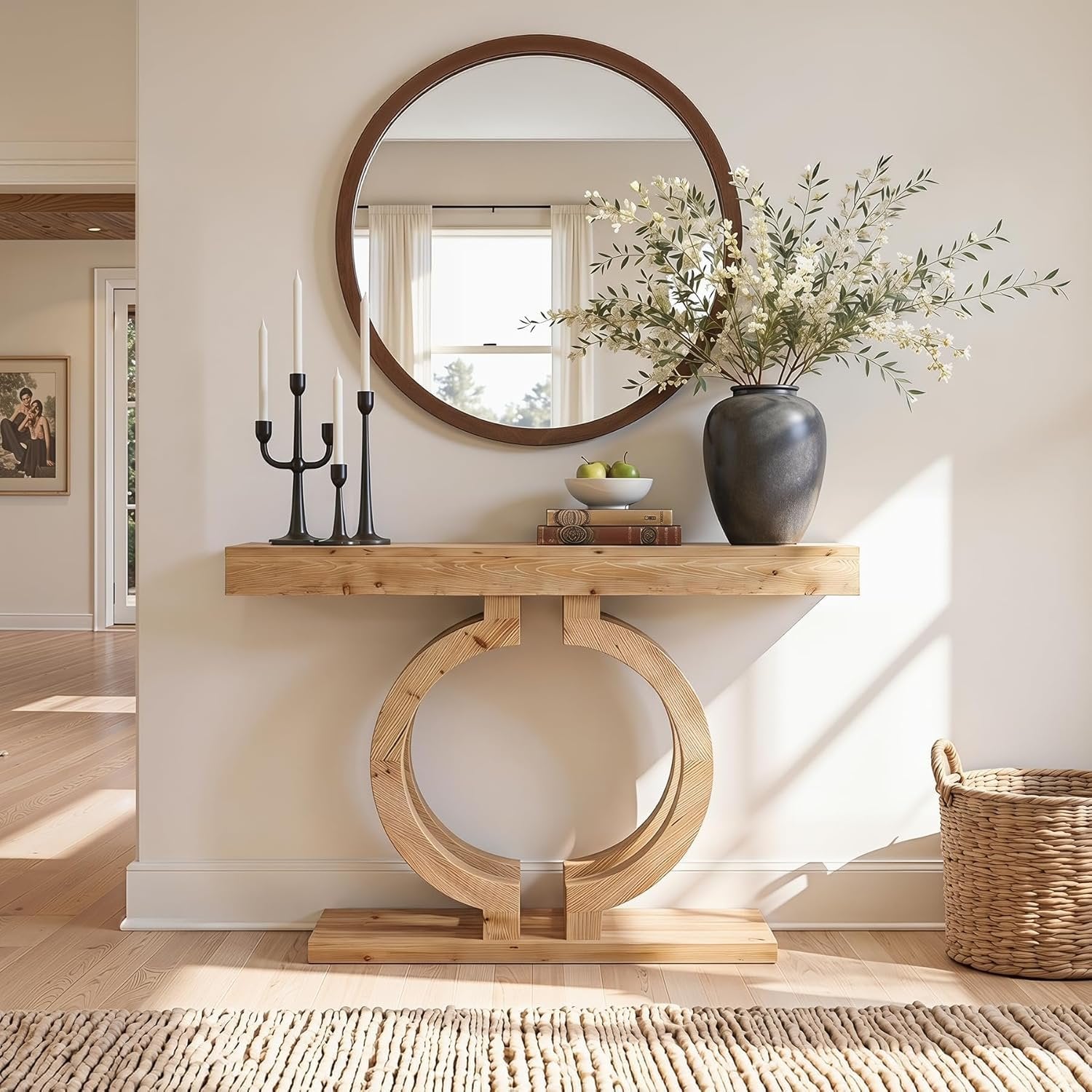 Mesa consola de madera maciza, Mesa de pasillo de 110 cm de largo, hecha de madera natural con una artística base de doble círculo