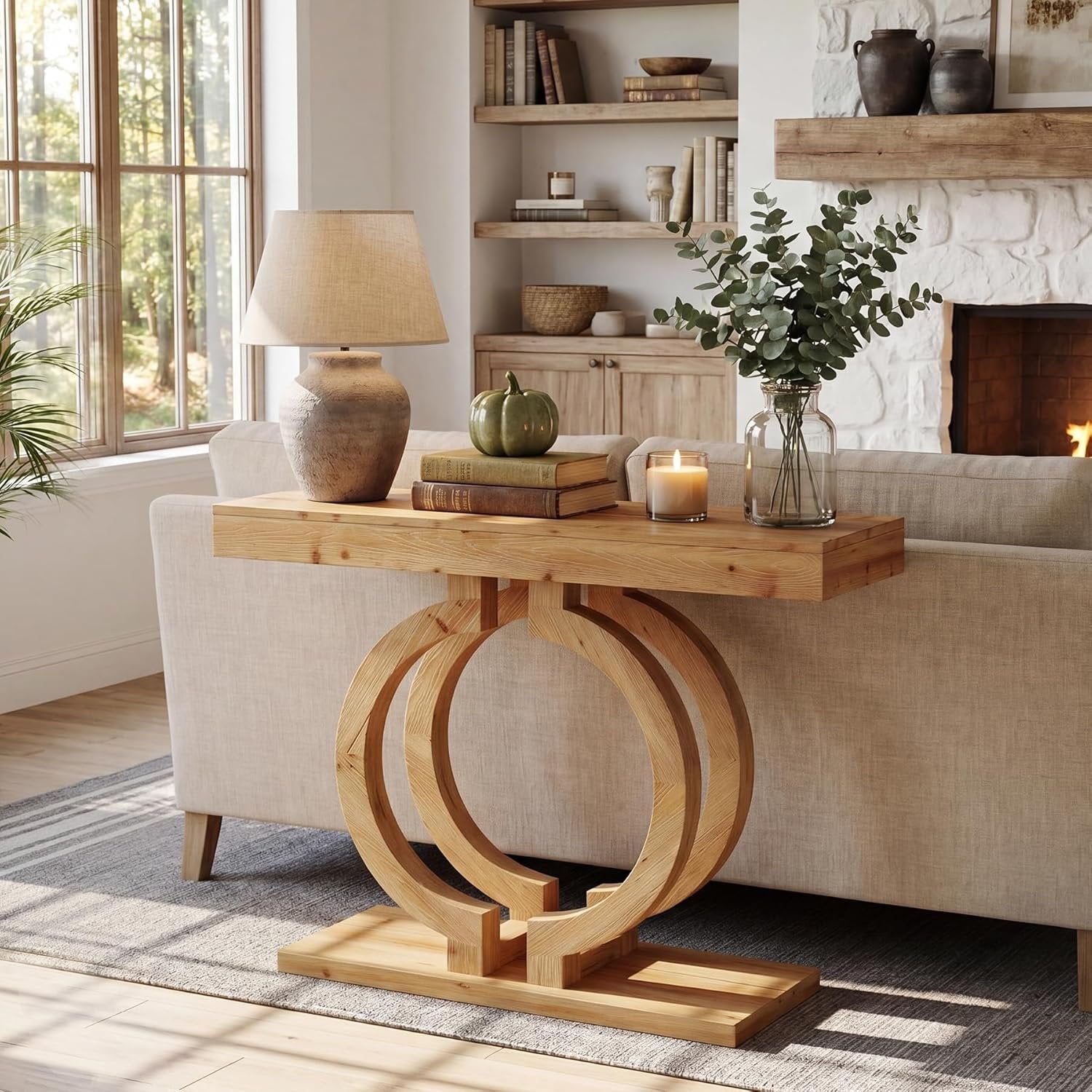 Mesa consola de madera maciza, Mesa de pasillo de 110 cm de largo, hecha de madera natural con una artística base de doble círculo