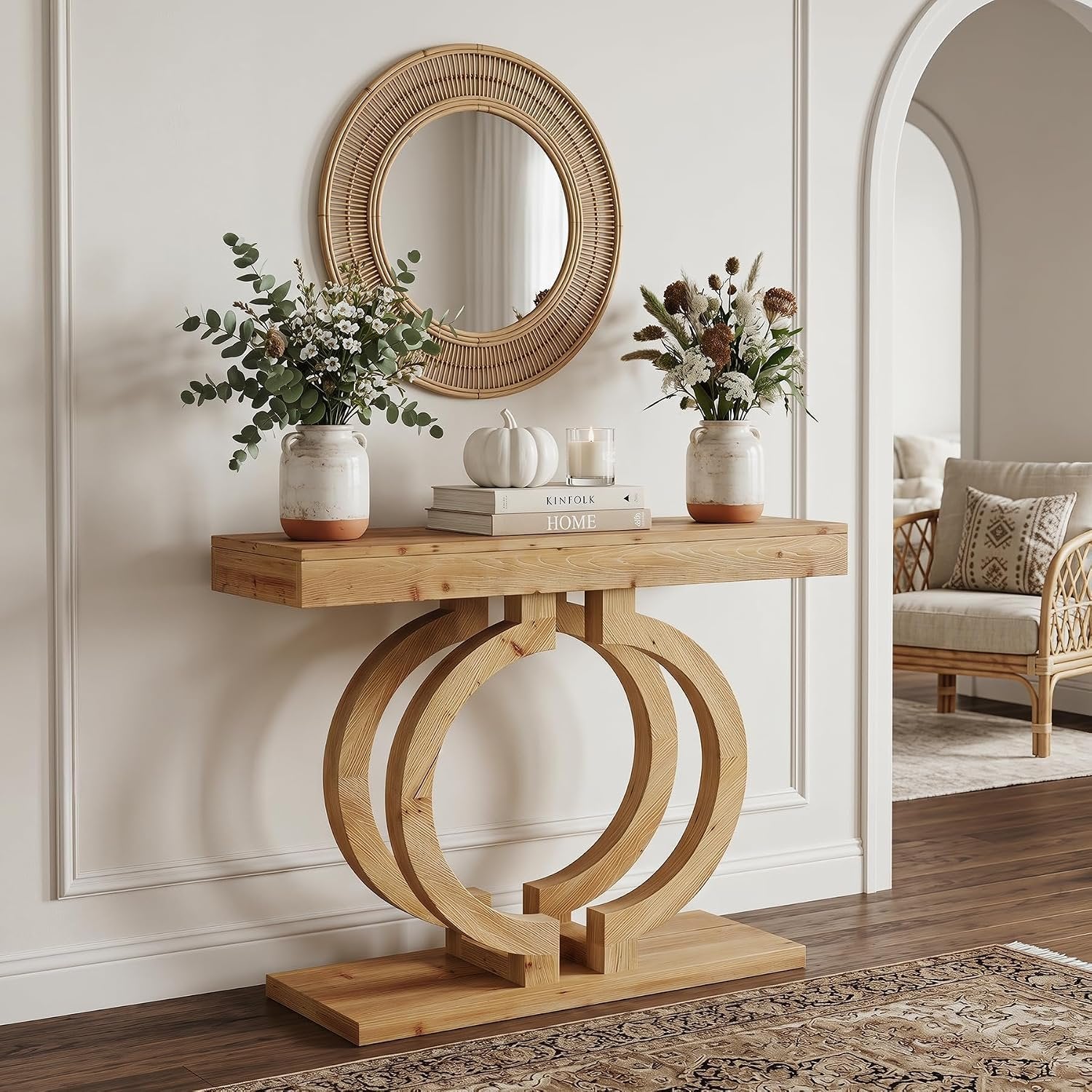 Mesa consola de madera maciza, Mesa de pasillo de 110 cm de largo, hecha de madera natural con una artística base de doble círculo