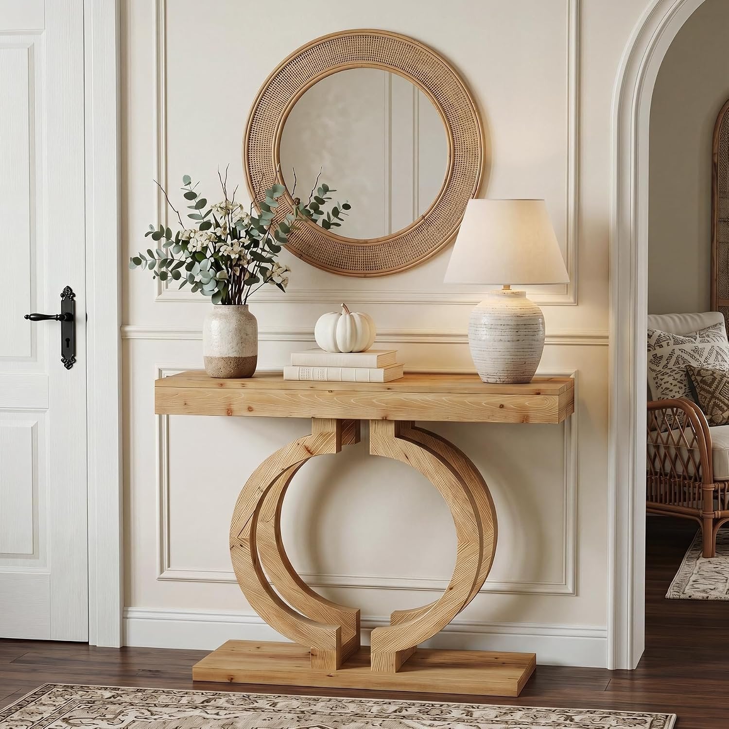 Mesa consola de madera maciza, Mesa de pasillo de 110 cm de largo, hecha de madera natural con una artística base de doble círculo