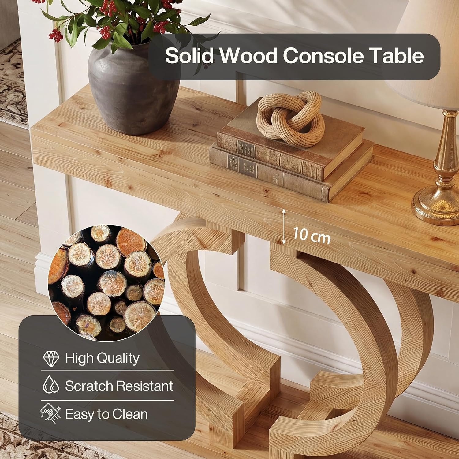 Mesa consola de madera maciza, Mesa de pasillo de 110 cm de largo, hecha de madera natural con una artística base de doble círculo