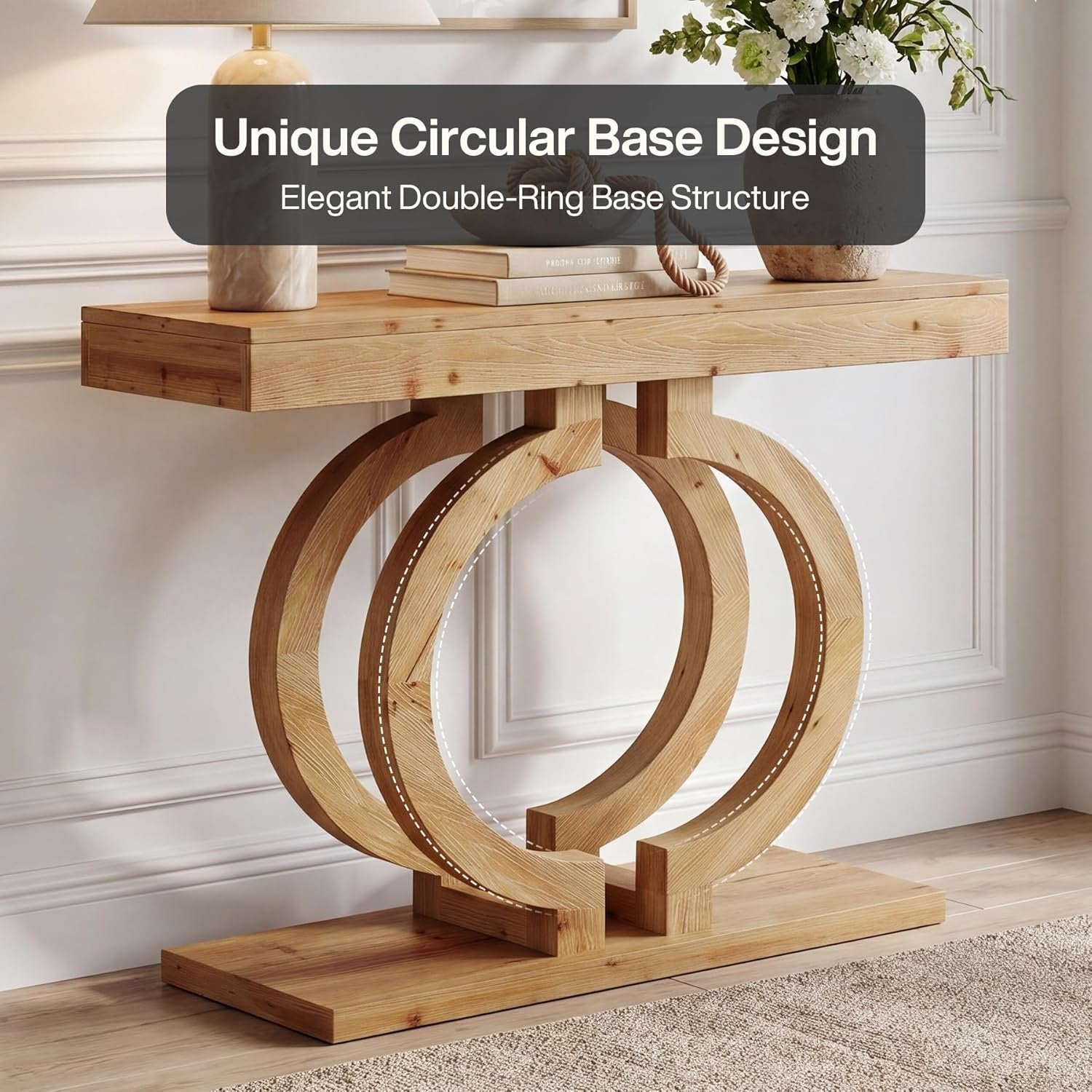 Mesa consola de madera maciza, Mesa de pasillo de 110 cm de largo, hecha de madera natural con una artística base de doble círculo