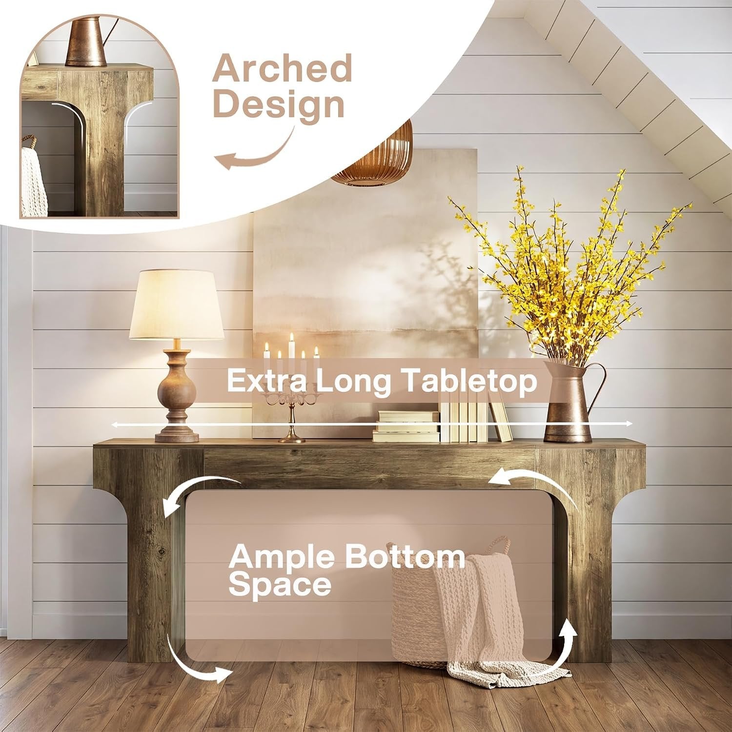 Tribesigns Mesa consola extralarga de 200 cm, diseño arqueado, marrón, Estilo campestre