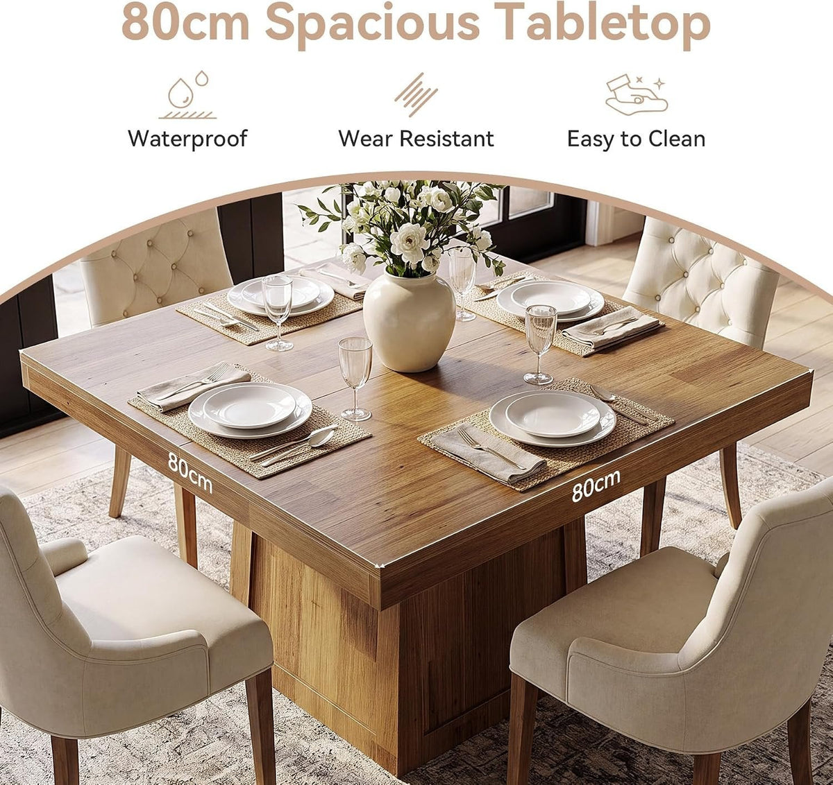 Tribesigns Mesa de comedor cuadrada de 80 × 80 cm, Mesa de cocina de estilo rústico con estructura trapezoidal