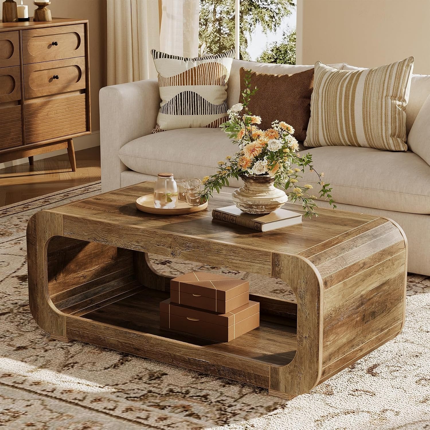 Tribesigns Mesa de centro de 120 cm con almacenamiento abierto, Mesa rectangular de madera para sala de estar