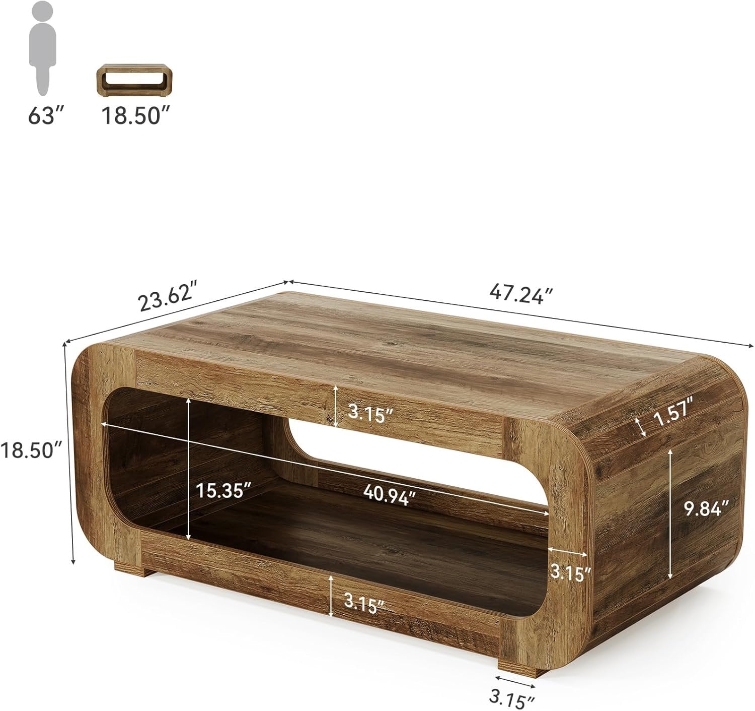 Tribesigns Mesa de centro de 120 cm con almacenamiento abierto, Mesa rectangular de madera para sala de estar