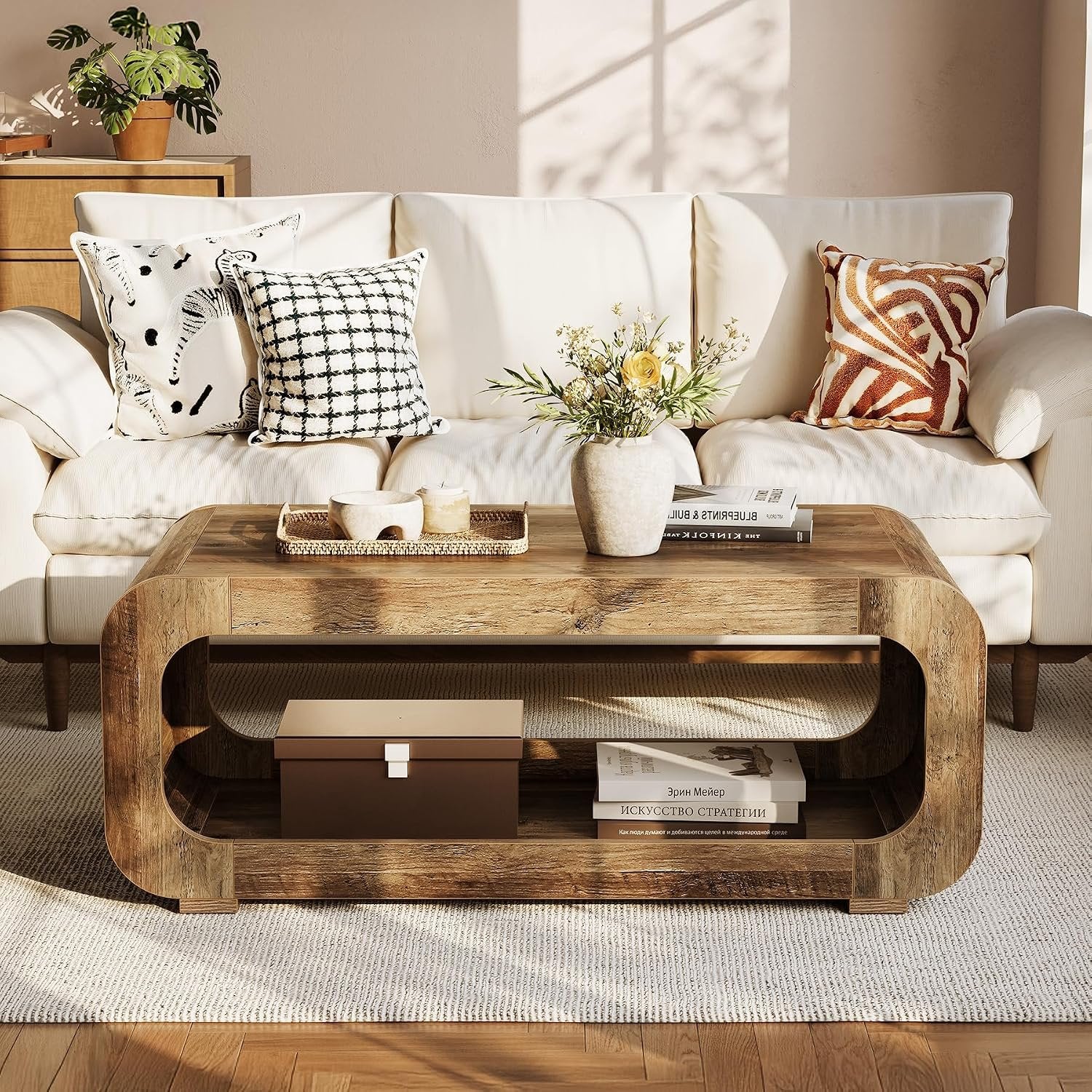 Tribesigns Mesa de centro de 120 cm con almacenamiento abierto, Mesa rectangular de madera para sala de estar