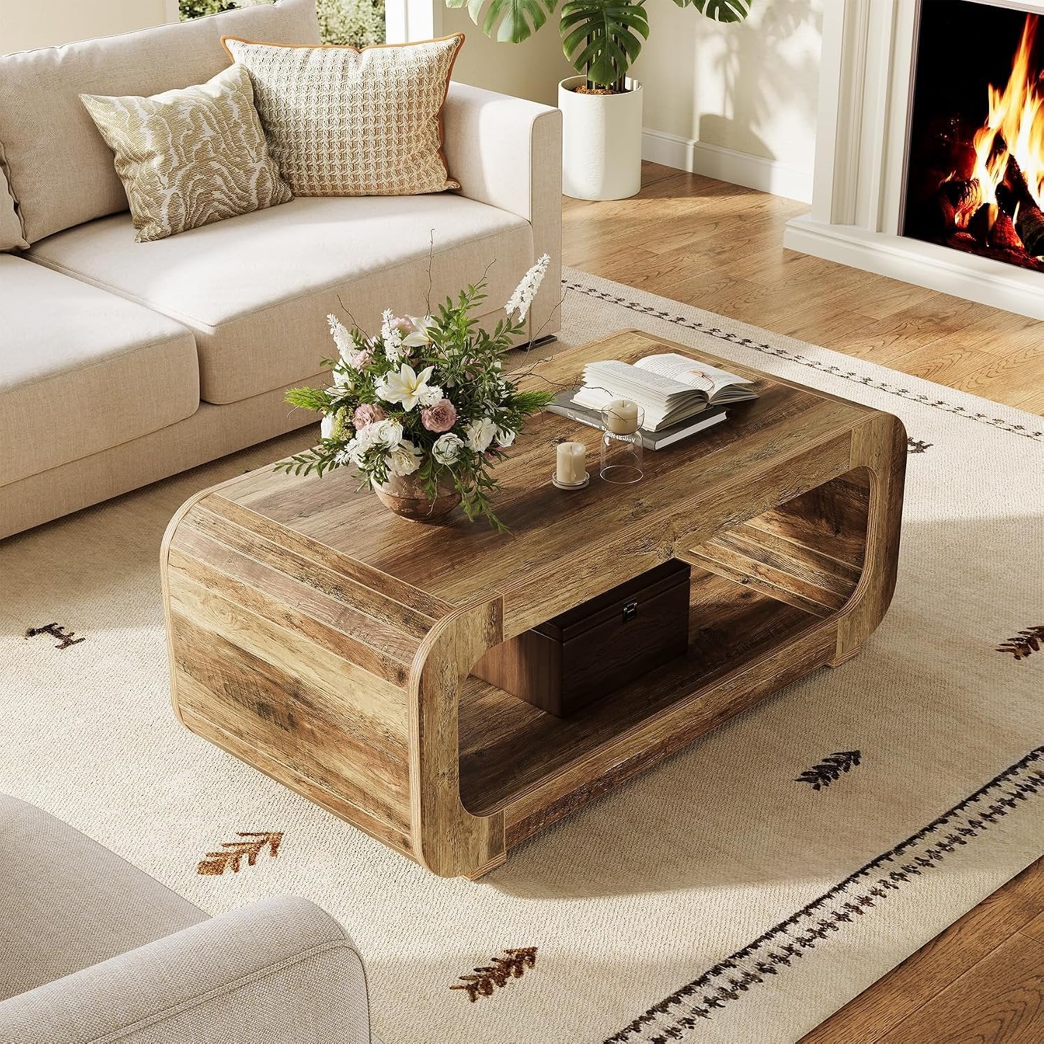 Tribesigns Mesa de centro de 120 cm con almacenamiento abierto, Mesa rectangular de madera para sala de estar