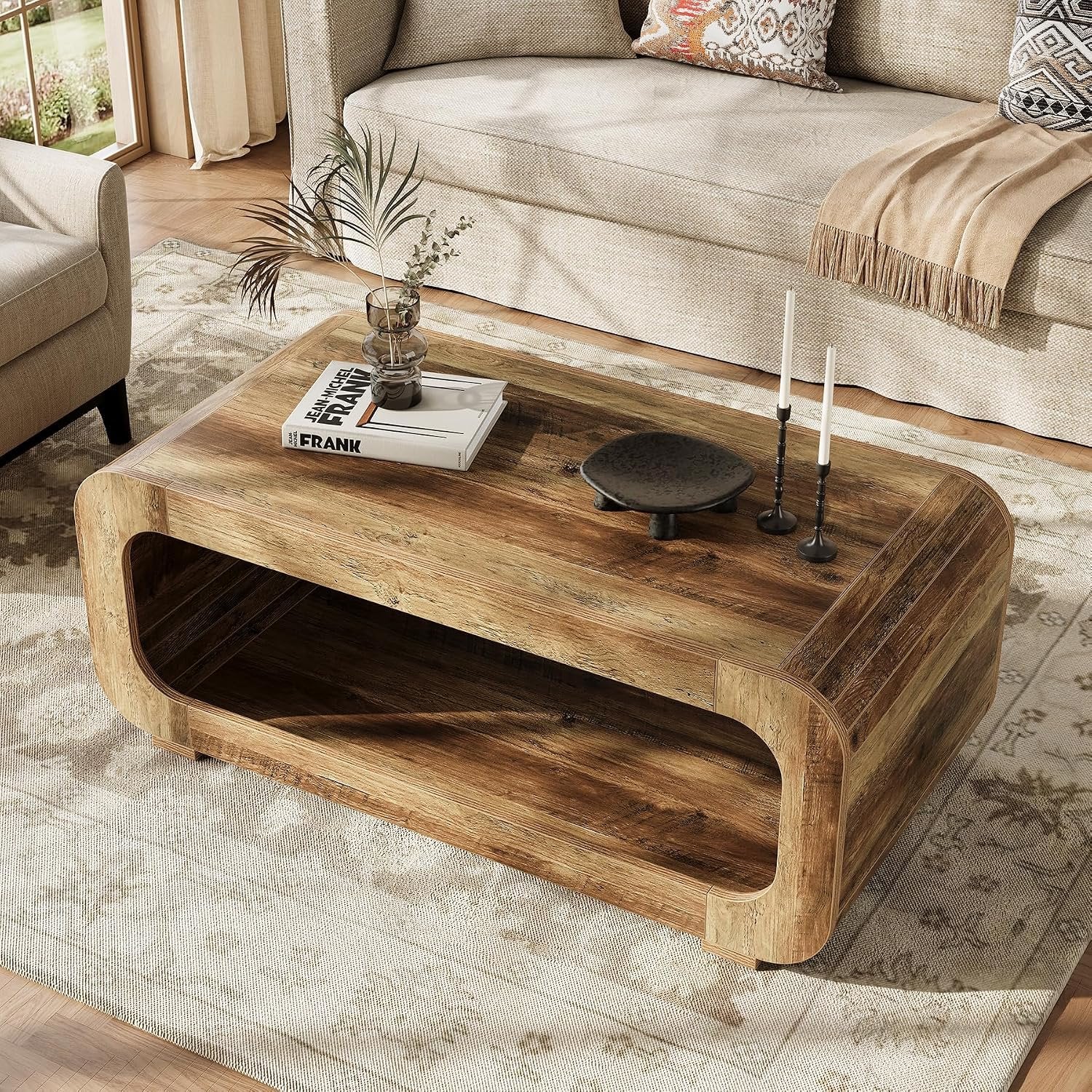 Tribesigns Mesa de centro de 120 cm con almacenamiento abierto, Mesa rectangular de madera para sala de estar