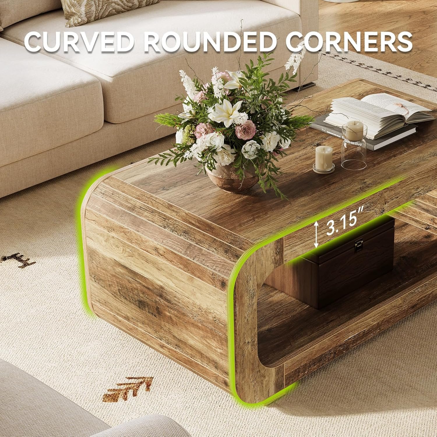 Tribesigns Mesa de centro de 120 cm con almacenamiento abierto, Mesa rectangular de madera para sala de estar