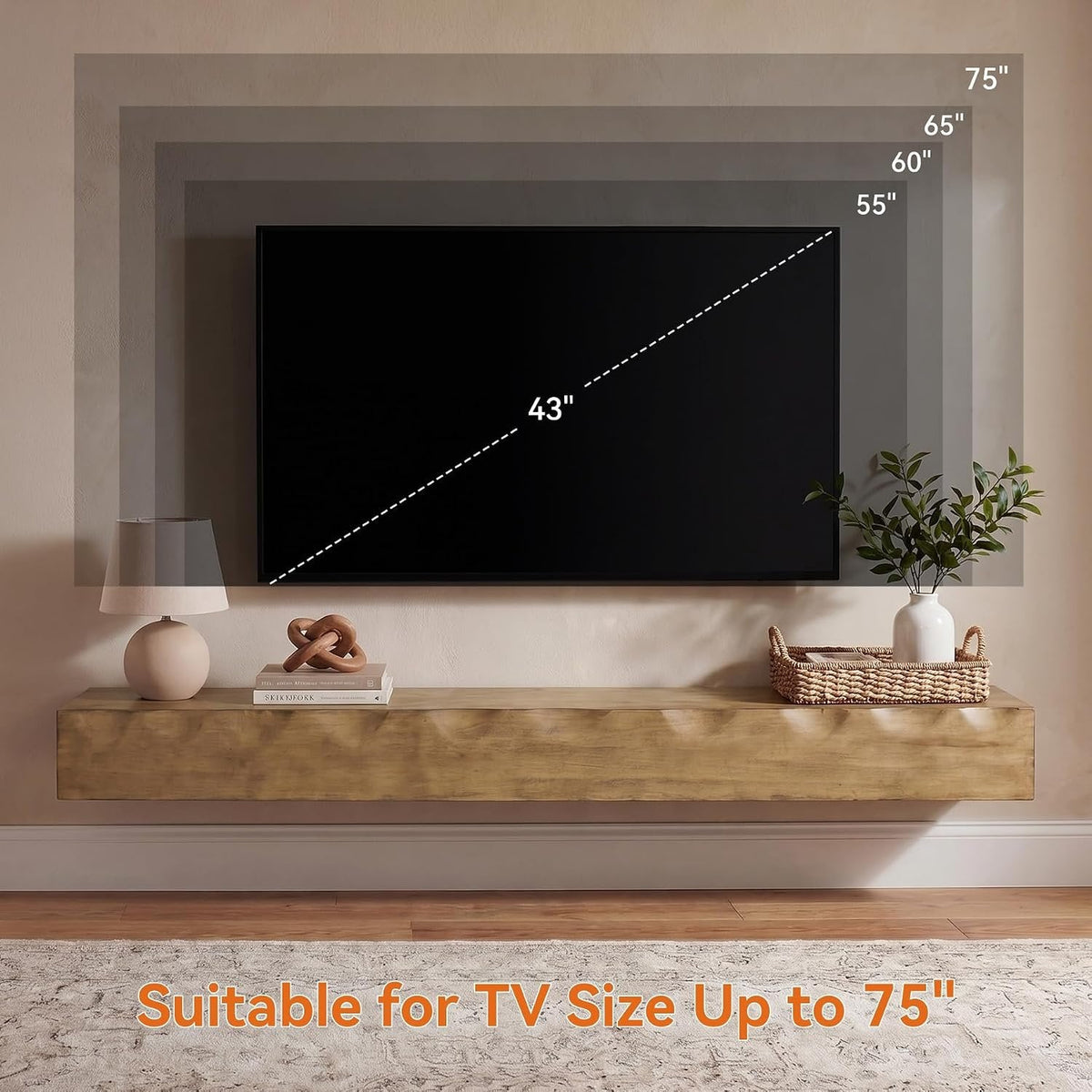 Tribesigns Mueble de TV flotante de 160 cm en madera maciza para televisores de hasta 75 pulgadas