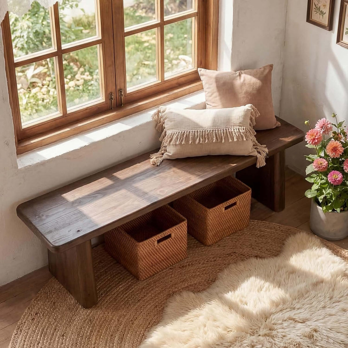 Tribesigns Banco zapatero de 140 cm de madera maciza, Banco de estilo rústico para 2-3 personas
