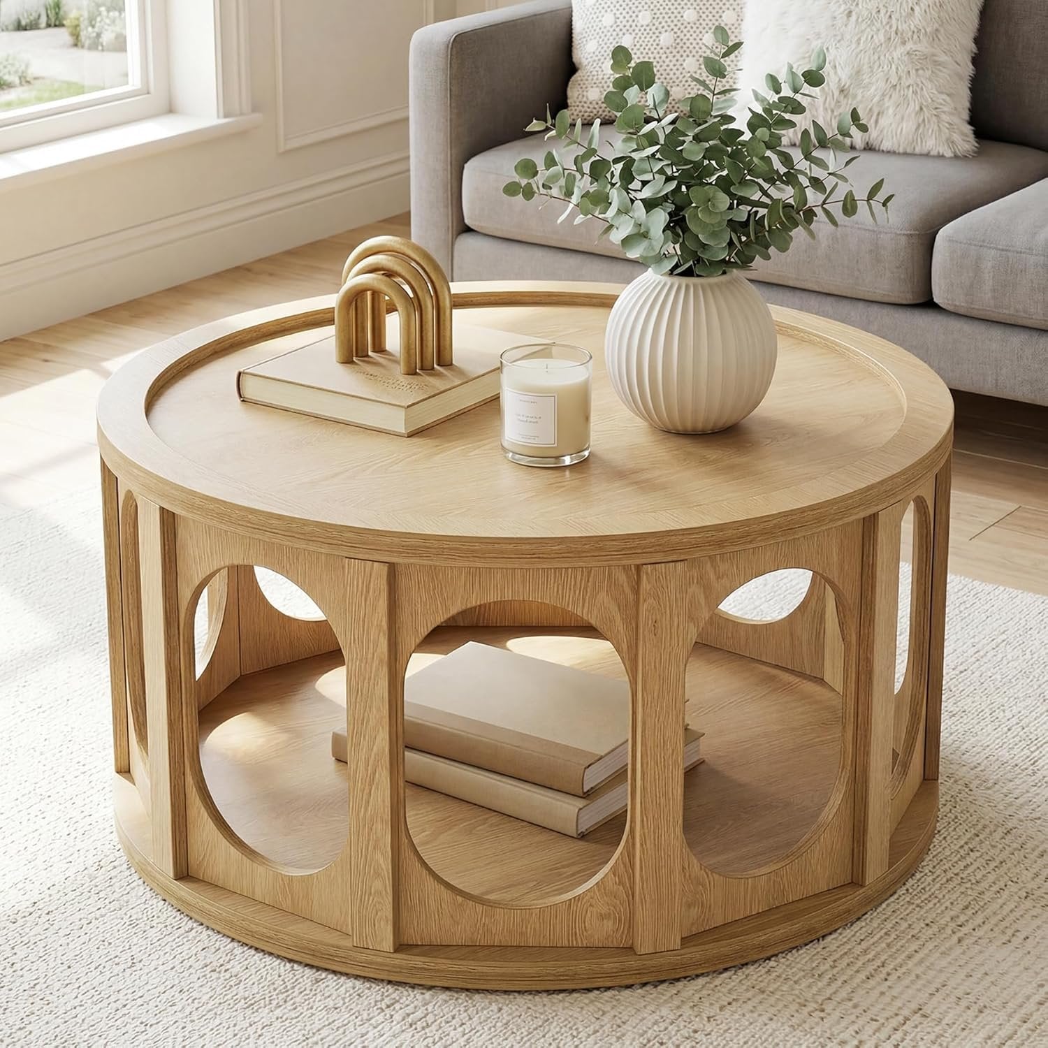 Tribesigns Mesa de centro redonda de 80 cm, Mesa de salón de 2 niveles con cueva para gatos y estante, diseño moderno, aspecto de roble, fácil montaje