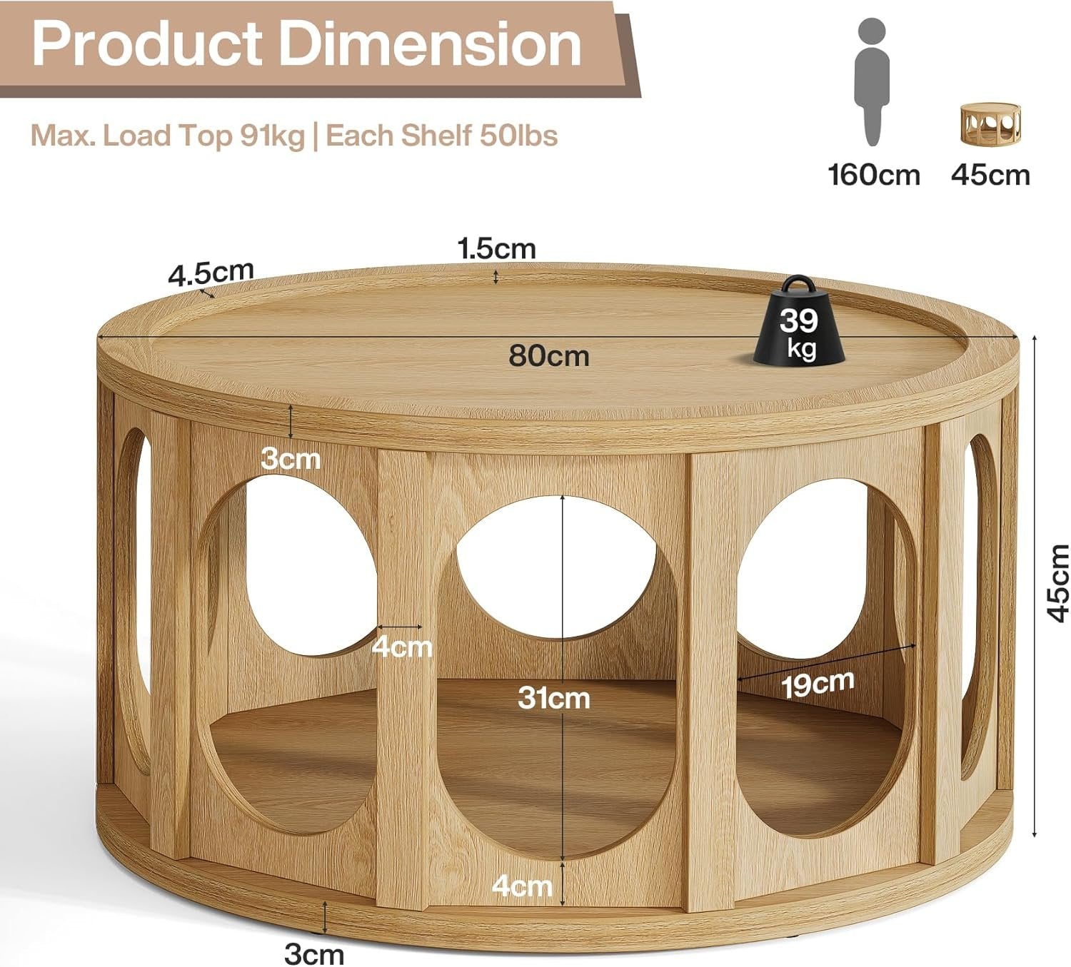 Tribesigns Mesa de centro redonda de 80 cm, Mesa de salón de 2 niveles con cueva para gatos y estante, diseño moderno, aspecto de roble, fácil montaje