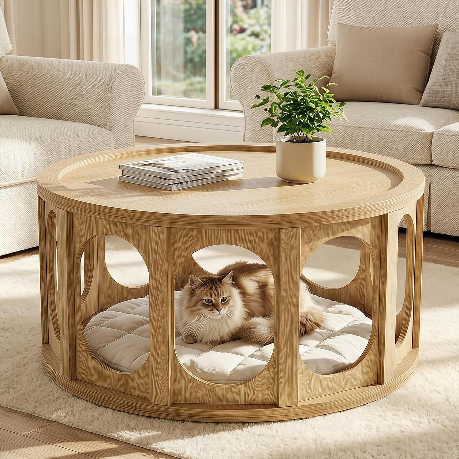 Tribesigns Mesa de centro redonda de 80 cm, Mesa de salón de 2 niveles con cueva para gatos y estante, diseño moderno, aspecto de roble, fácil montaje