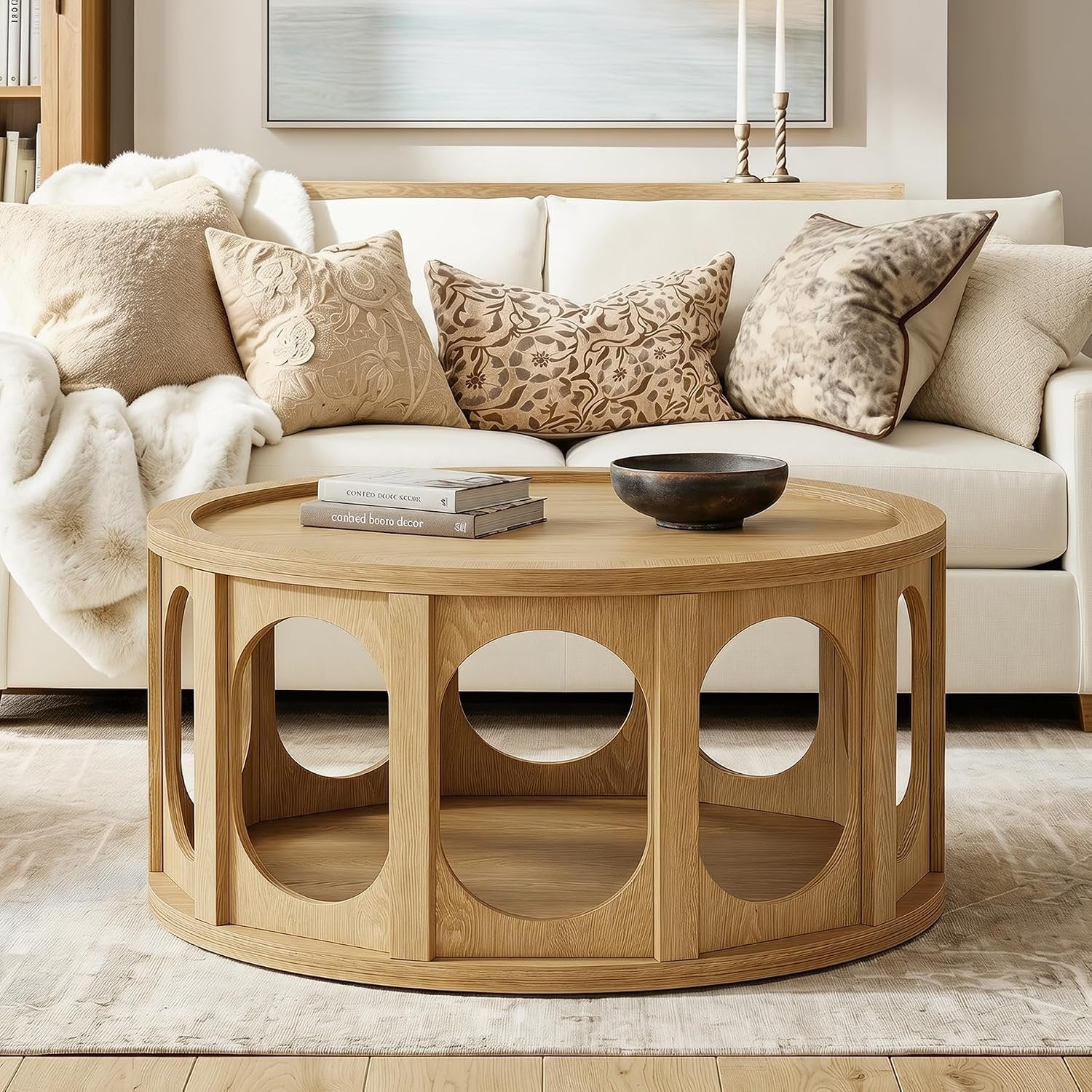 Tribesigns Mesa de centro redonda de 80 cm, Mesa de salón de 2 niveles con cueva para gatos y estante, diseño moderno, aspecto de roble, fácil montaje