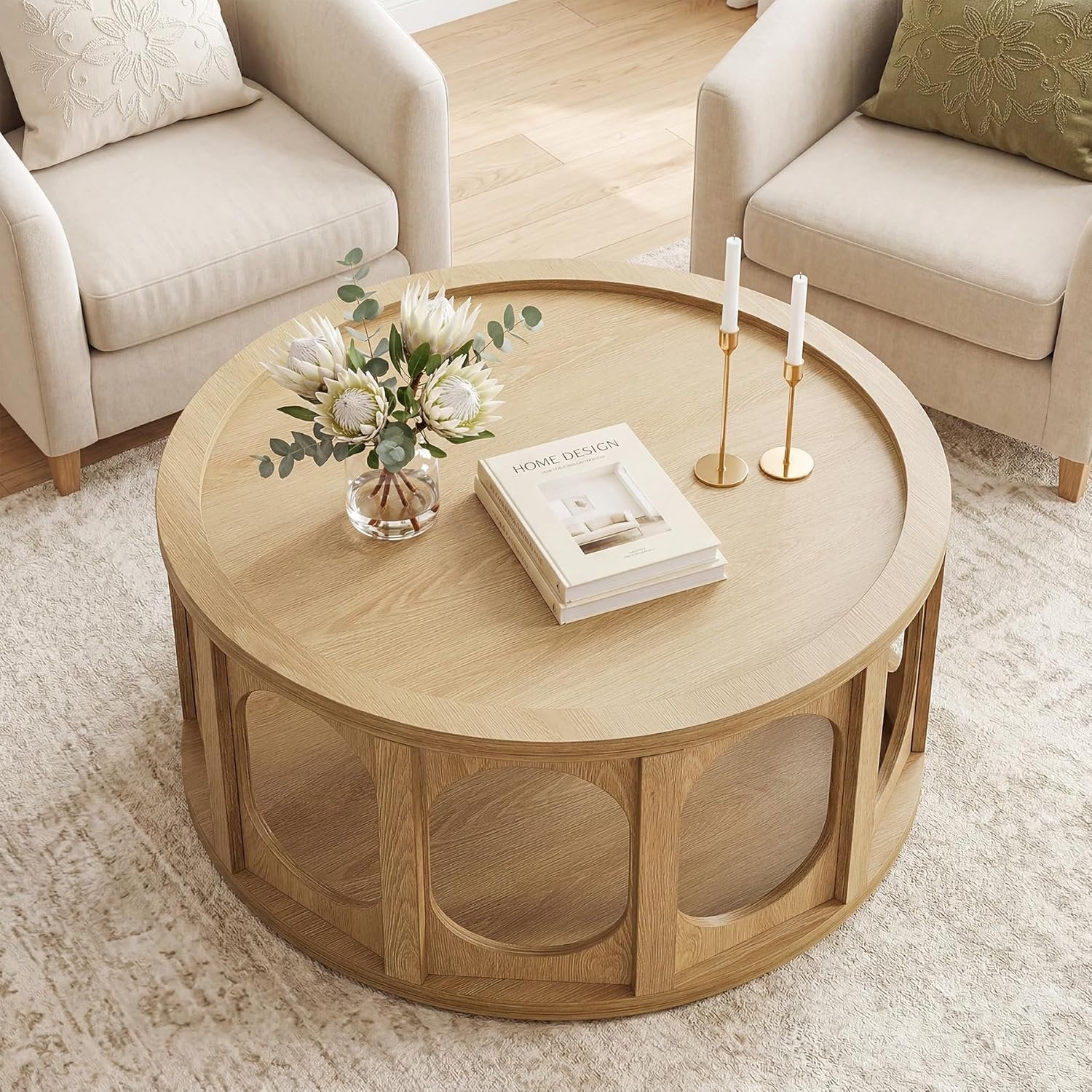 Tribesigns Mesa de centro redonda de 80 cm, Mesa de salón de 2 niveles con cueva para gatos y estante, diseño moderno, aspecto de roble, fácil montaje