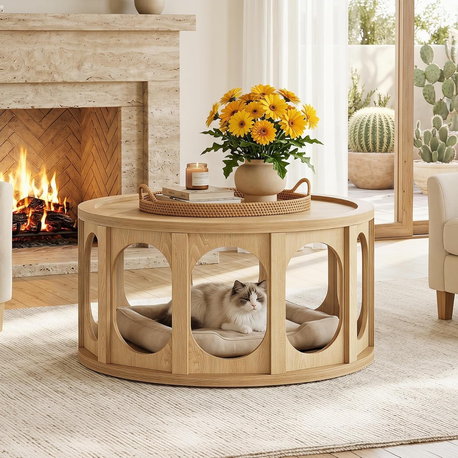 Tribesigns Mesa de centro redonda de 80 cm, Mesa de salón de 2 niveles con cueva para gatos y estante, diseño moderno, aspecto de roble, fácil montaje