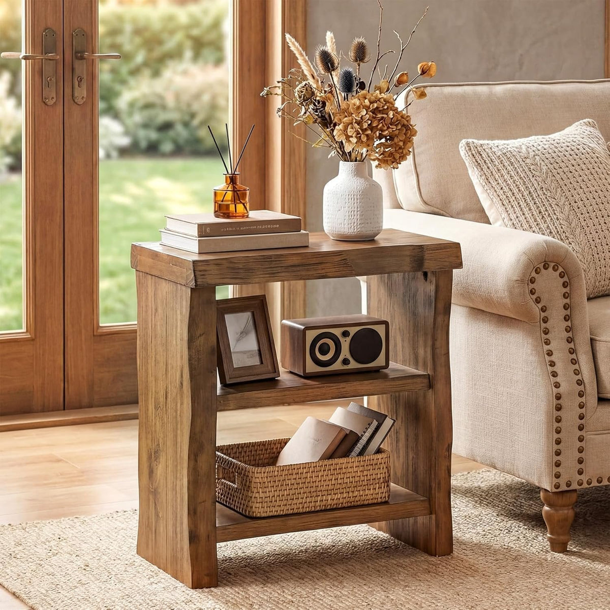 Tribesigns Mesa auxiliar de madera maciza con 3 niveles, Mesa de sofá compacta con borde ondulado