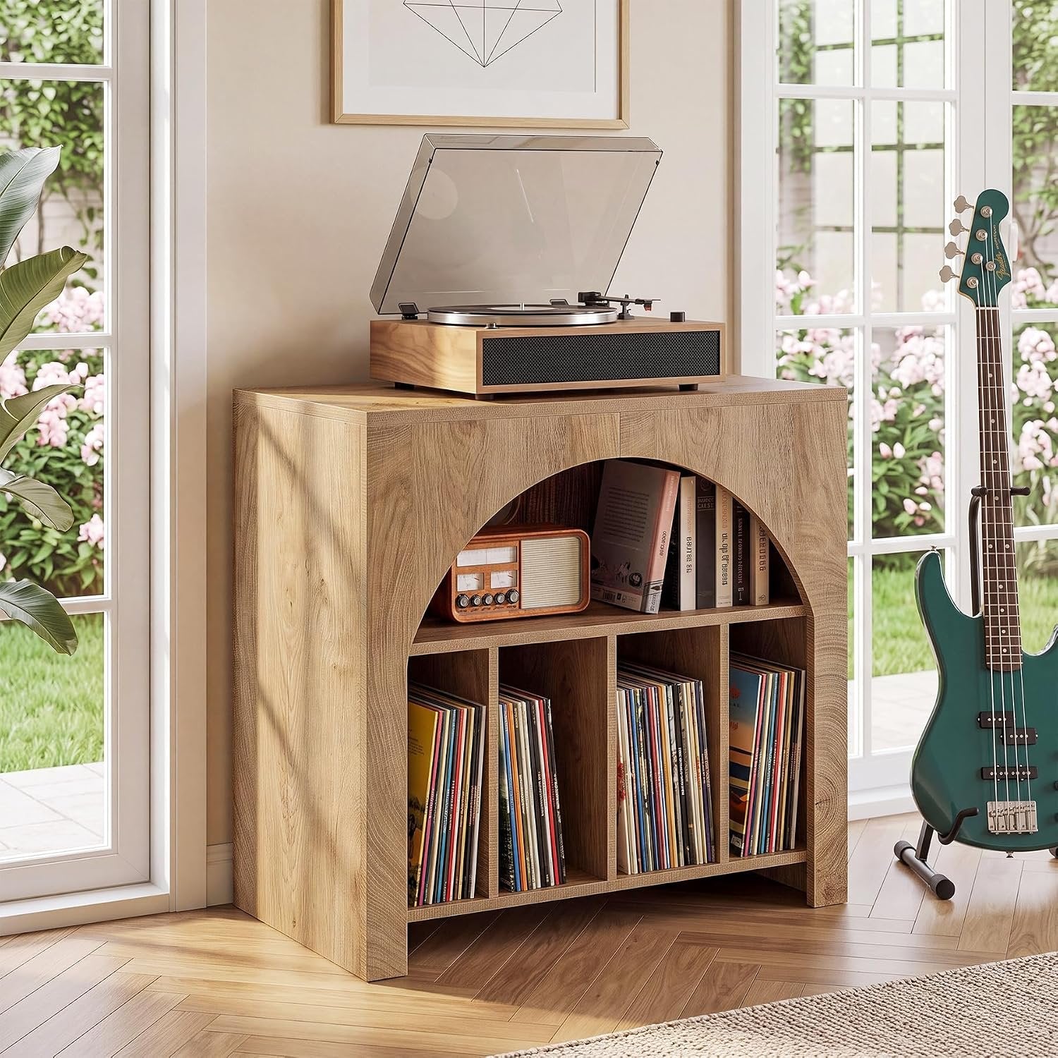 Tribesigns Soporte para tocadiscos, Mueble para guardar discos de vinilo con estante incorporado