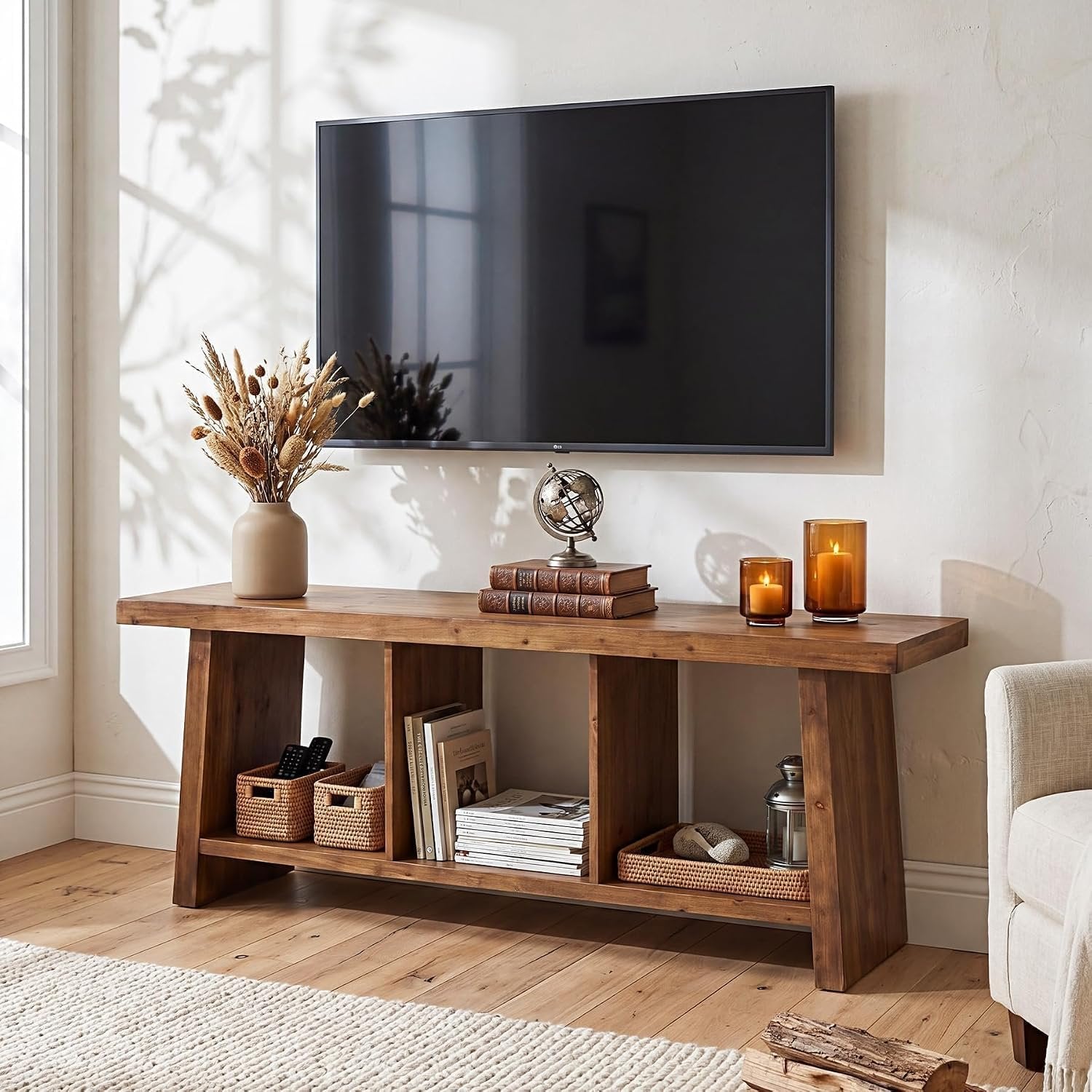 Mueble para TV de estilo rústico de 160 cm para televisores, Centro de entretenimiento con 3 estantes abiertos, mueble multimedia rústico