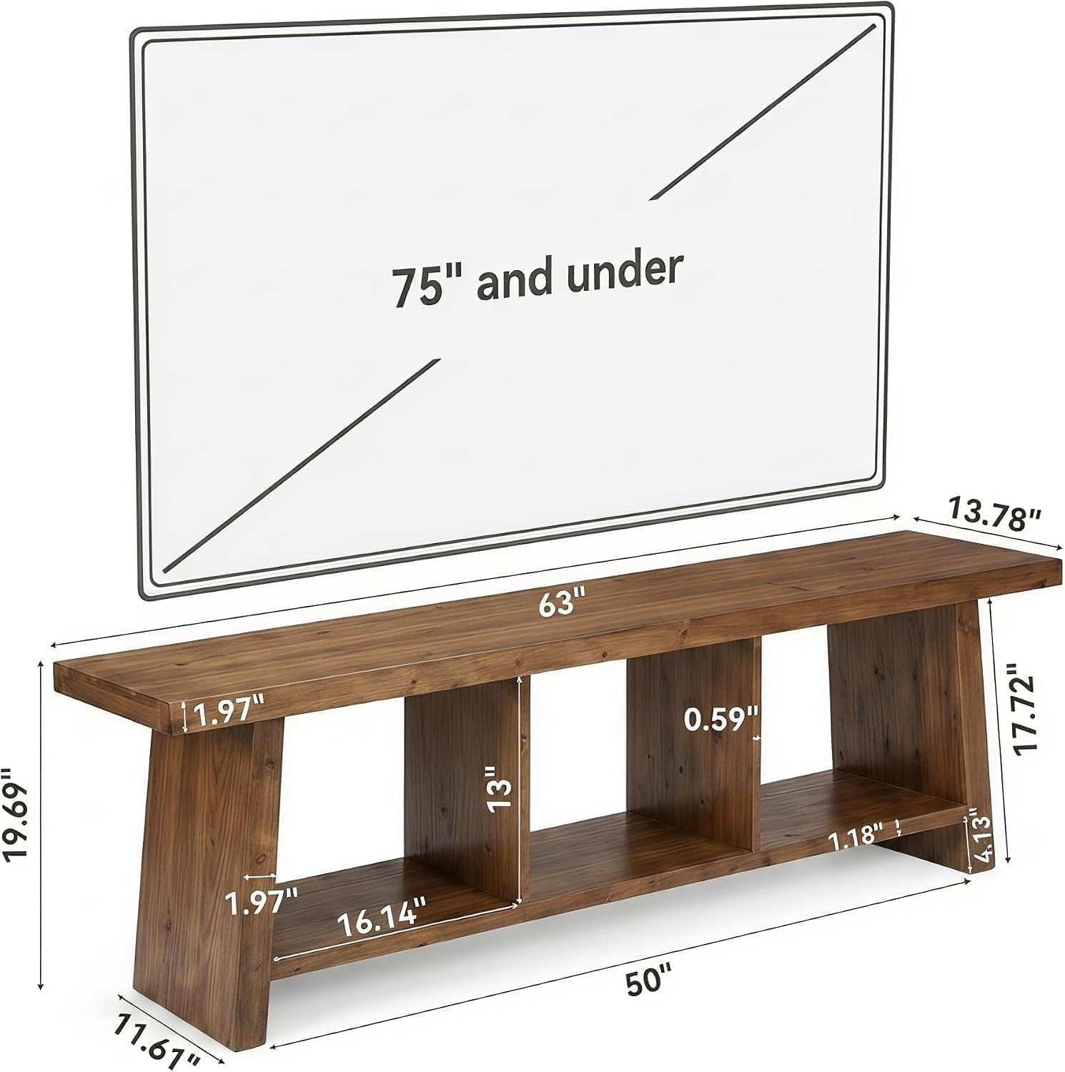 Mueble para TV de estilo rústico de 160 cm para televisores, Centro de entretenimiento con 3 estantes abiertos, mueble multimedia rústico
