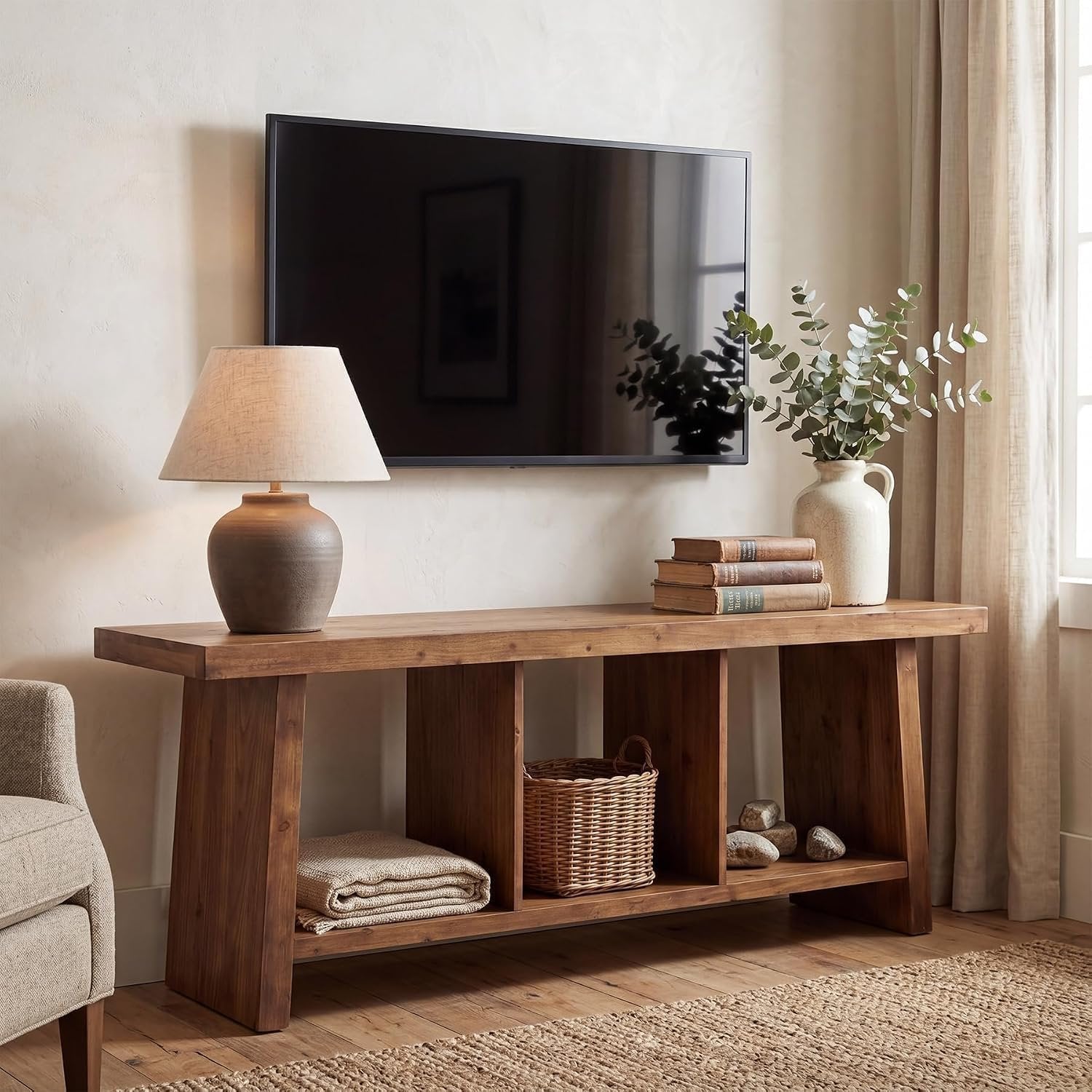 Mueble para TV de estilo rústico de 160 cm para televisores, Centro de entretenimiento con 3 estantes abiertos, mueble multimedia rústico