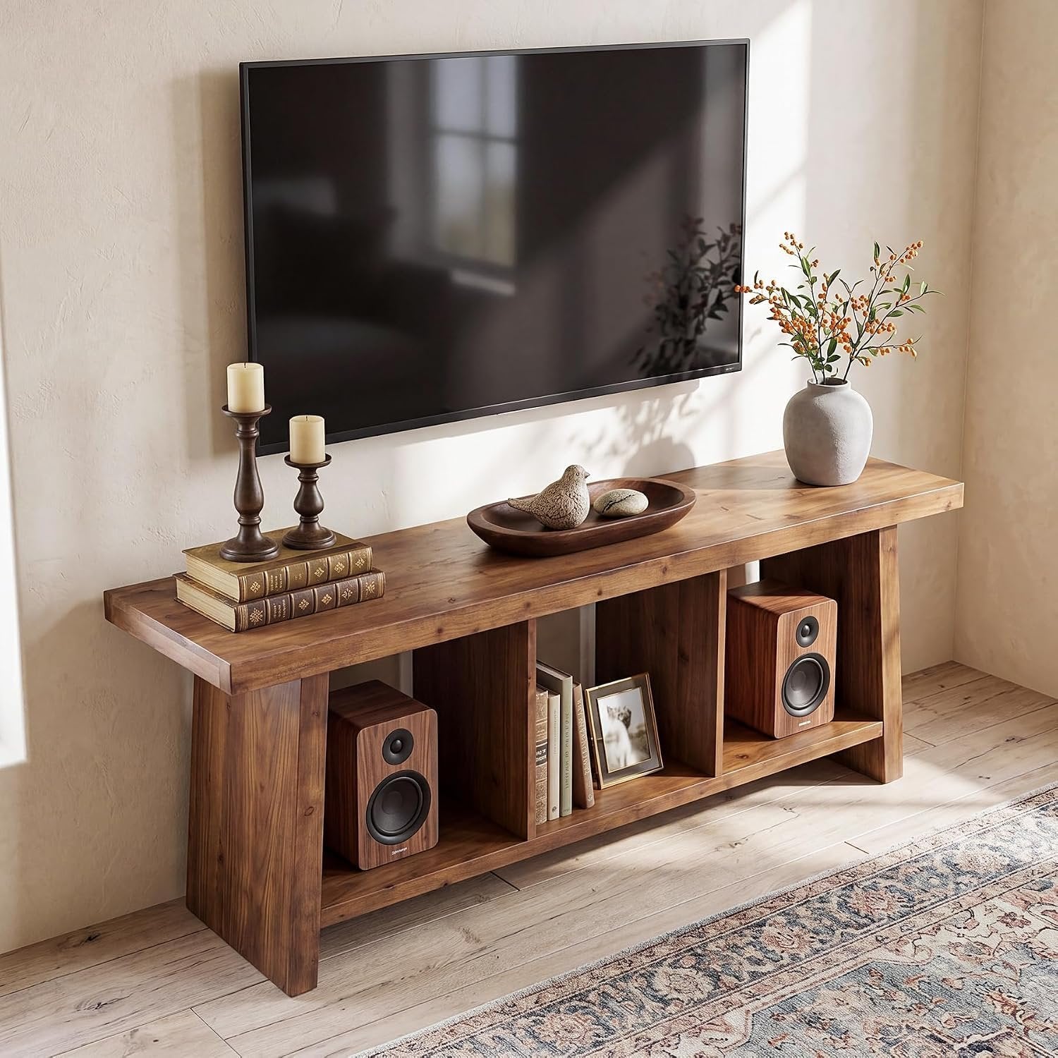 Mueble para TV de estilo rústico de 160 cm para televisores, Centro de entretenimiento con 3 estantes abiertos, mueble multimedia rústico